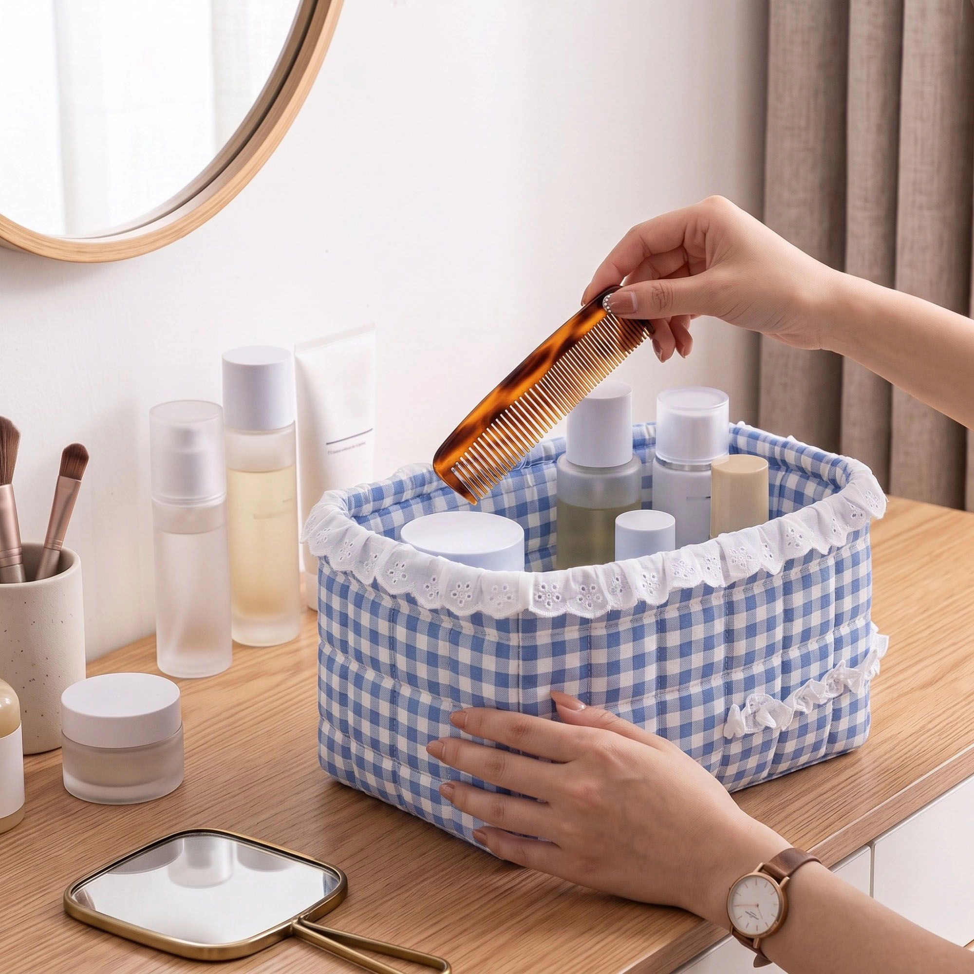 Alilang Unisex Quilted Gingham Fabric Storage Basket with Lace Trim