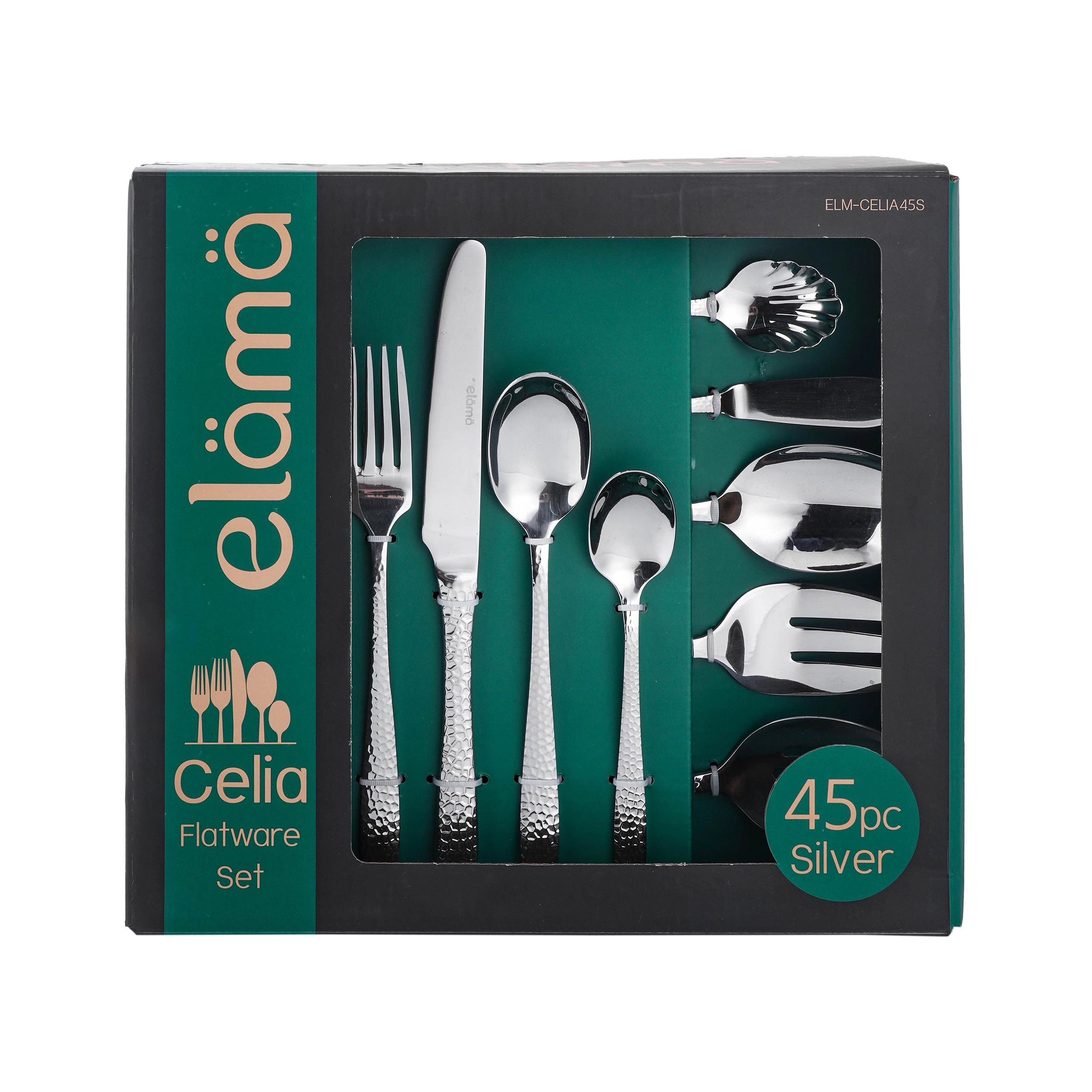 Elama Celia 65 Piece Mirror Polished Stainless Steel Flatware Set with Serving Pieces