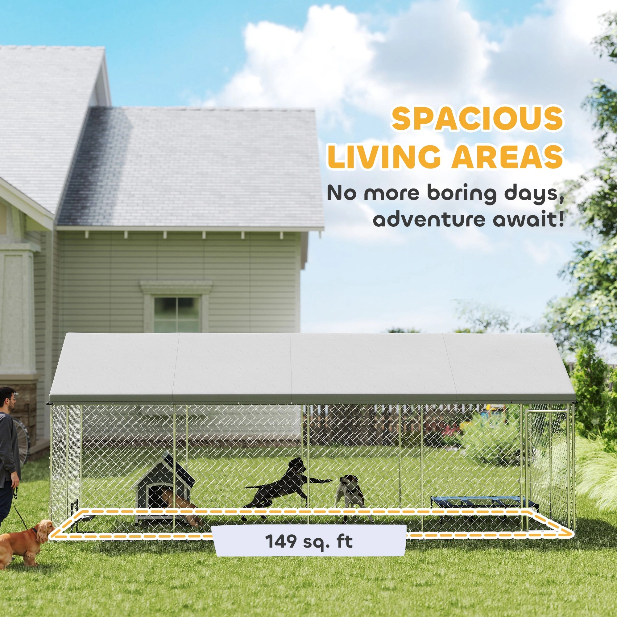 HONGGE Heavy Duty Outdoor Dog Kennel with Waterproof Roof, Secure Latch, Chain Link Dog Run for Backyard