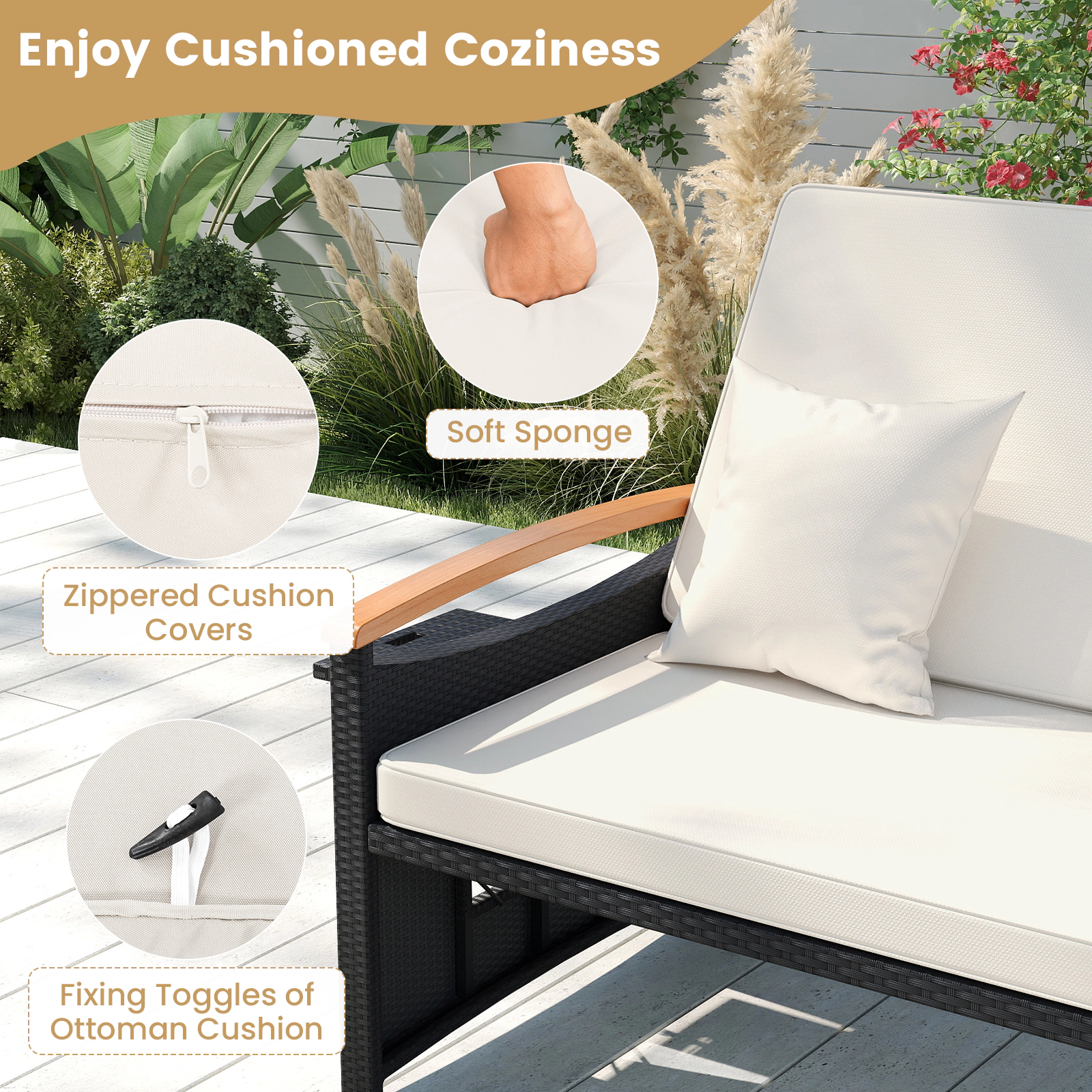 SUGIFT White PE Rattan Outdoor Loveseat and Storage Ottoman Set, Adjustable Patio Daybed