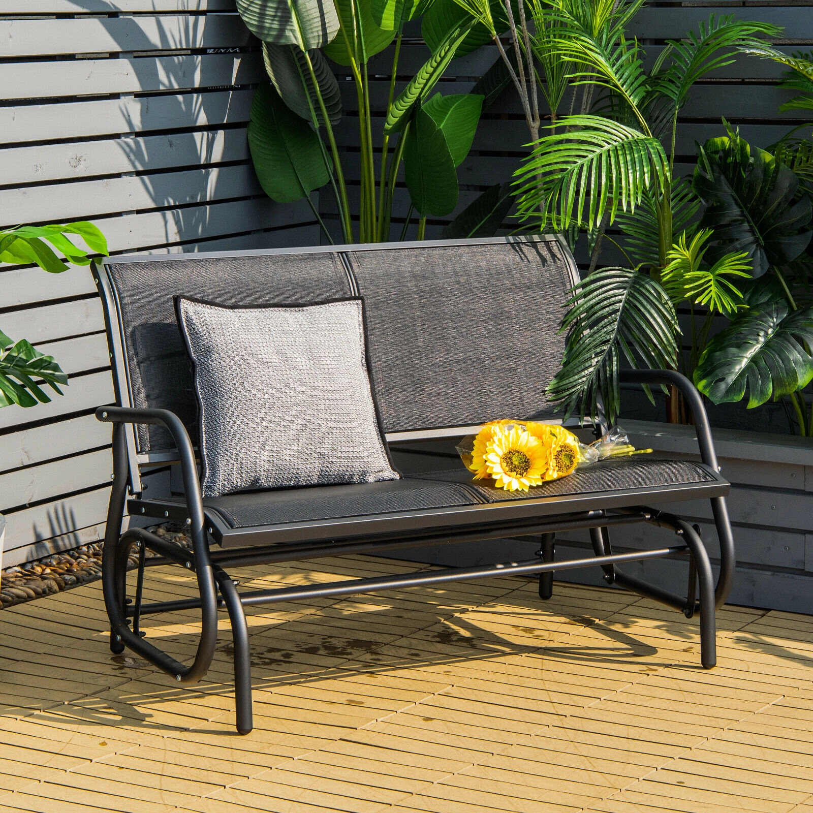 SUGIFT 48.5-in Steel Loveseat Glider Rocking Chair with Curved Back 400-lb Capacity Outdoor Lounge Seat Black