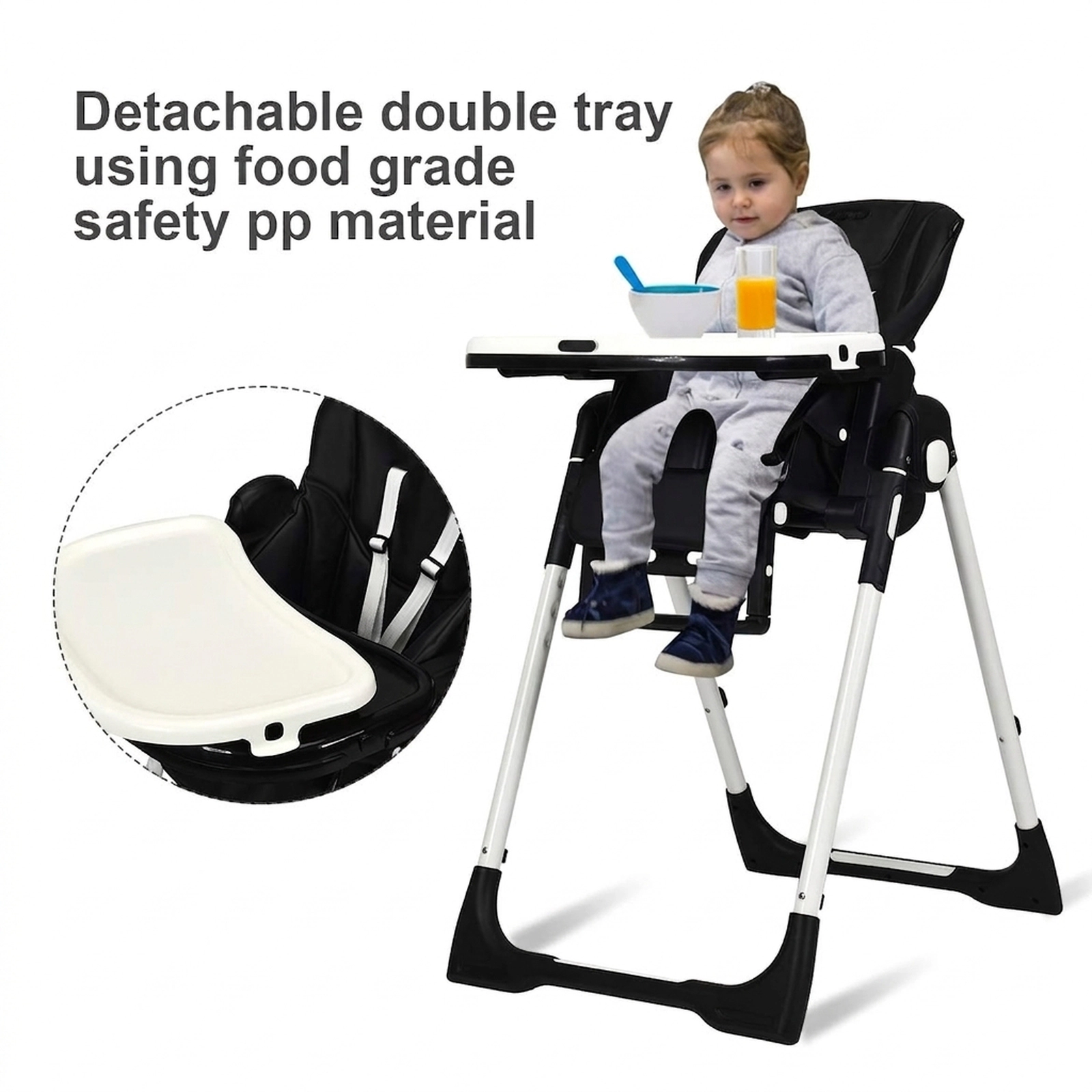 Foldable Baby High Chair Silent Rear Wheels 7 Adjustable Heights 5-Position Recline for Babies and Toddlers Black