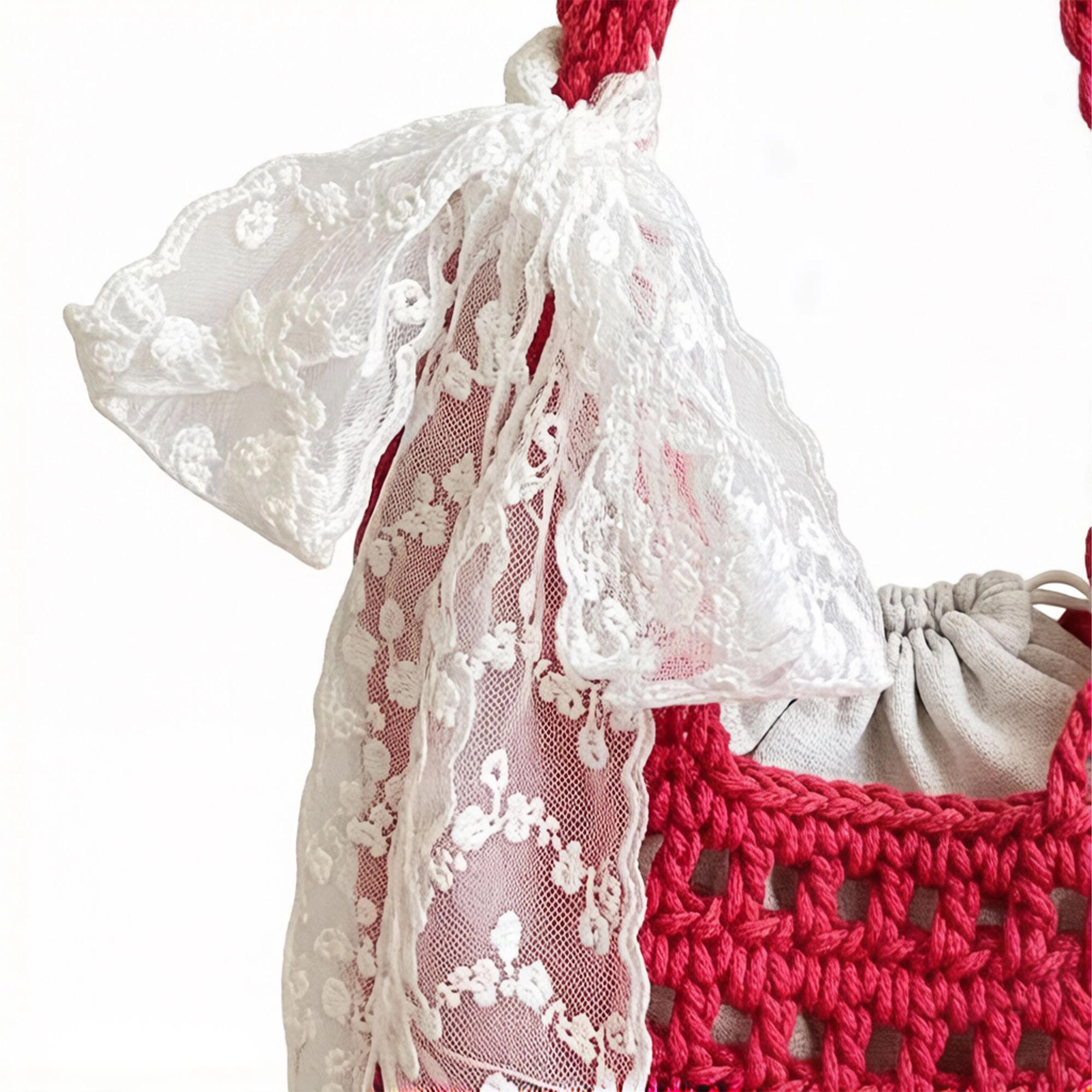 Alilang Women's Crochet Shoulder Bag with Lace Bow Detail Knit Bucket Handbag Drawstring Lined Casual Everyday Tote