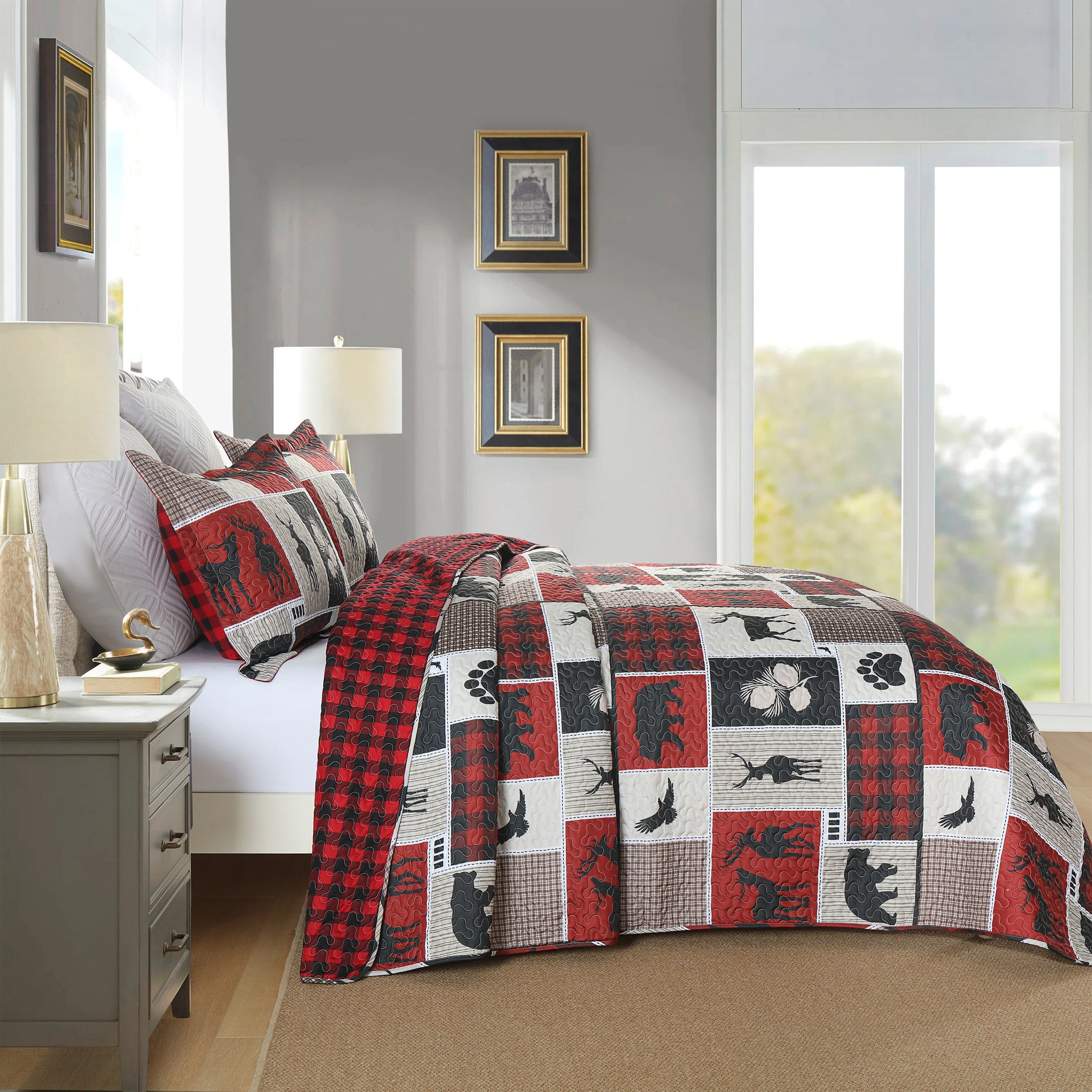 MarCielo 3 Piece Rustic Lodge Quilt Set, Bear Moose Plaid Patchwork Bedspread Set
