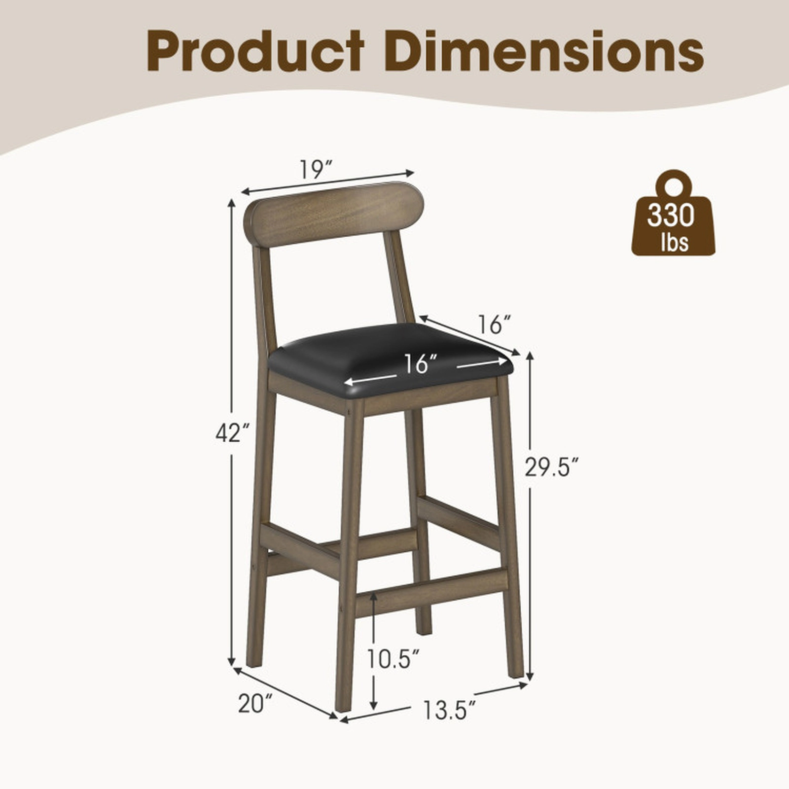 SUGIFT Upholstered Bar Stools with Curved Backs and Footrests 330-lb Capacity 29.5-in Seat Height Oak + Black