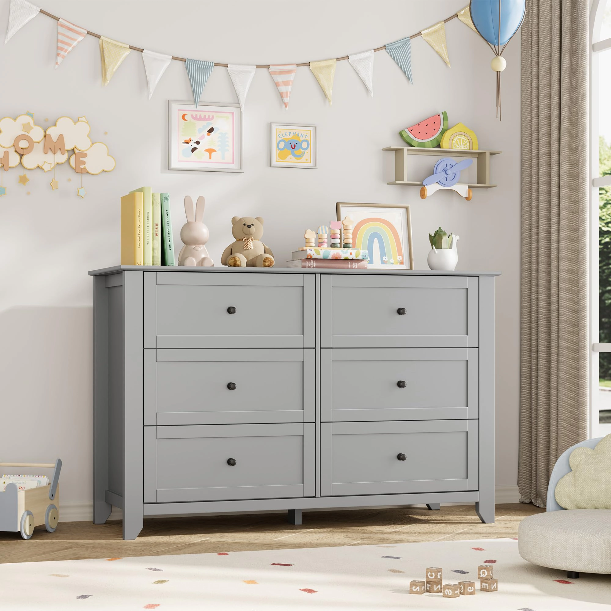 6 Drawer Dresser with Metal Knobs,  54" Wide Wooden Double Storage Chest for Bedroom Entryway Hallway