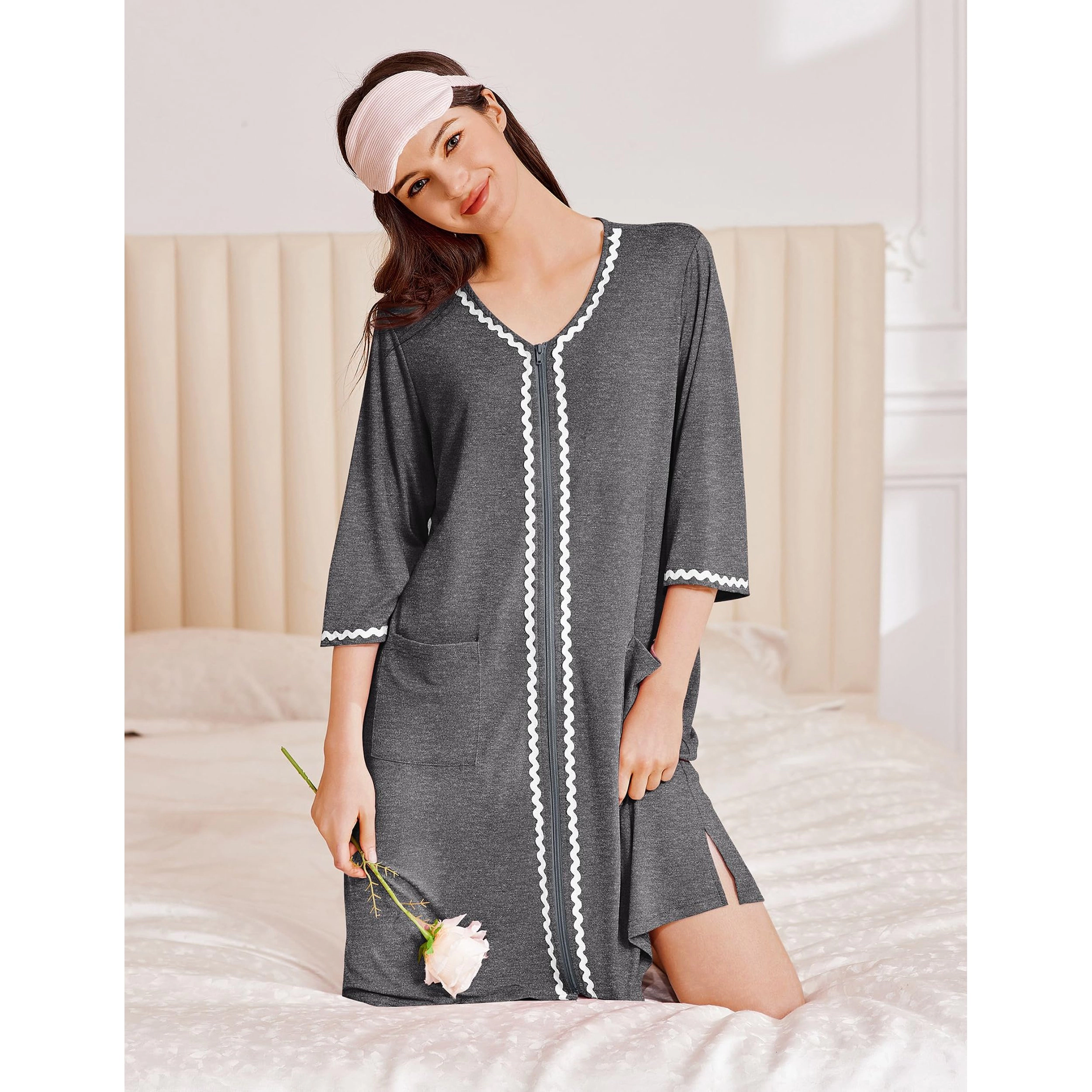 Ekouaer Zipper Robes for Women 3/4 Sleeves Lightweight House Coat Zip Up Bathrobe Soft Nightgown
