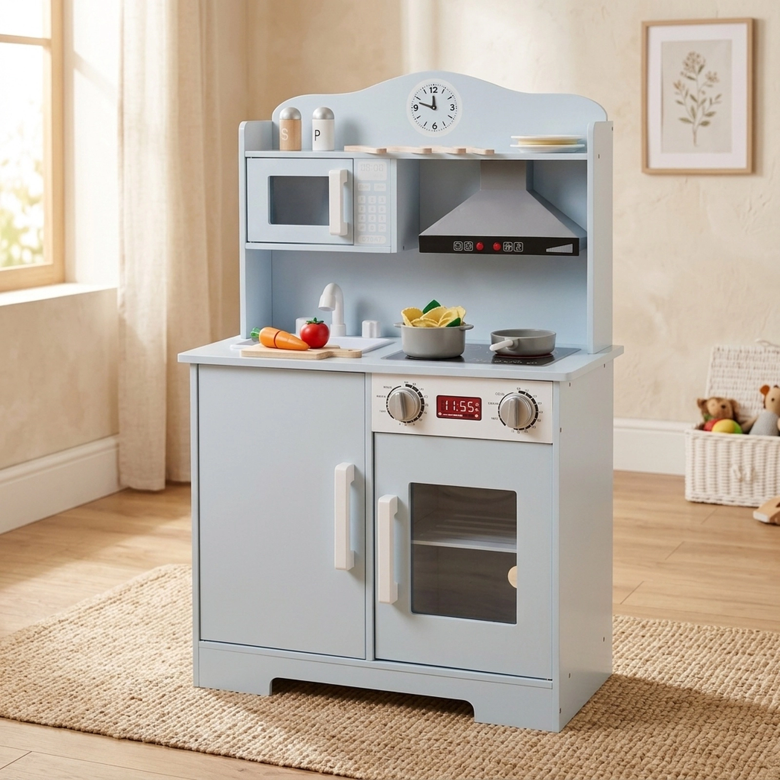 Wooden Play Kitchen for Kids with Range Hood Microwave Large Oven and Anti-Tip Device 24-in x 12-in x 36-in Blue