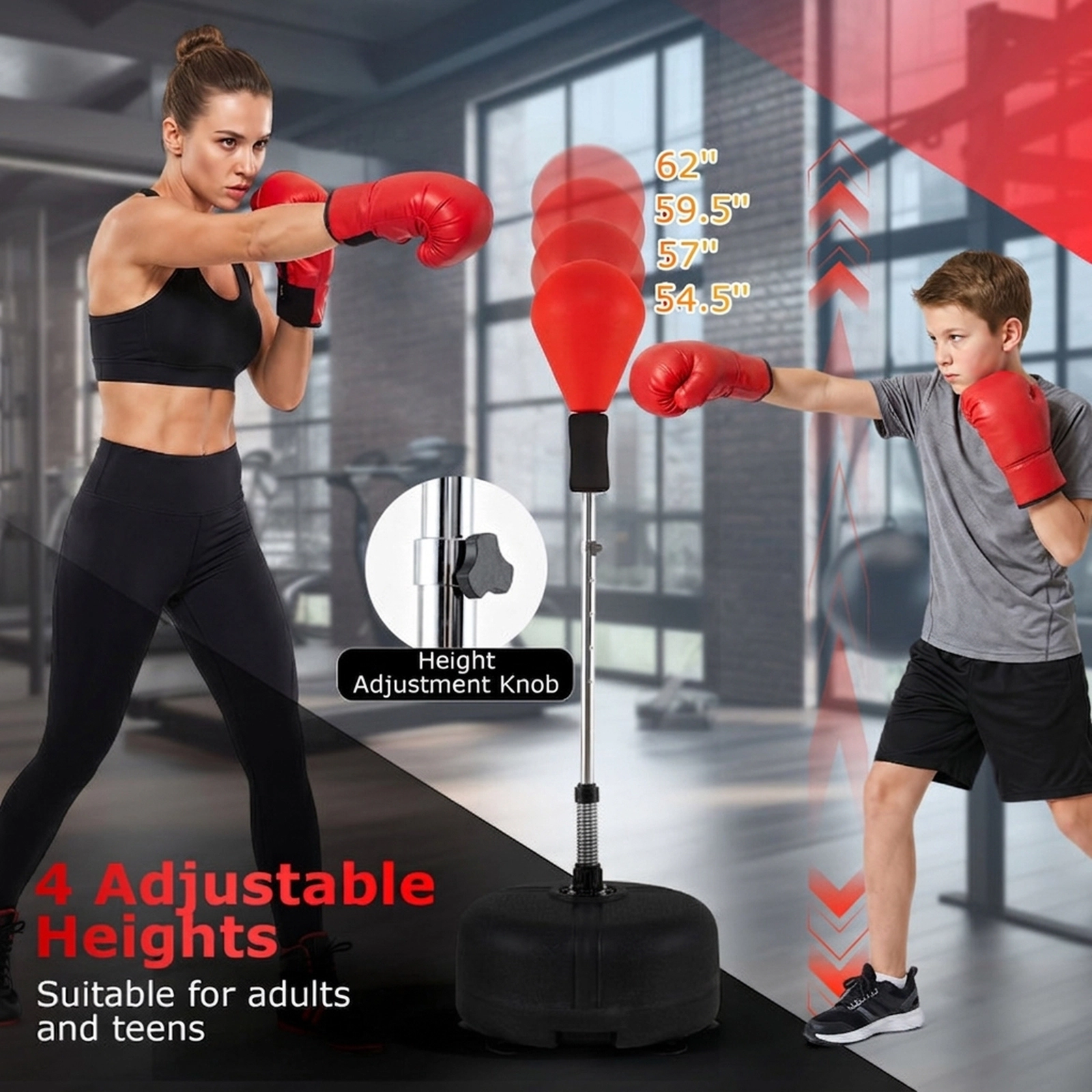 SUGIFT Teen and Adult Red 4-Level Adjustable Punching Bag with Stand and Boxing Gloves 19-in W 54.5-in to 62-in H