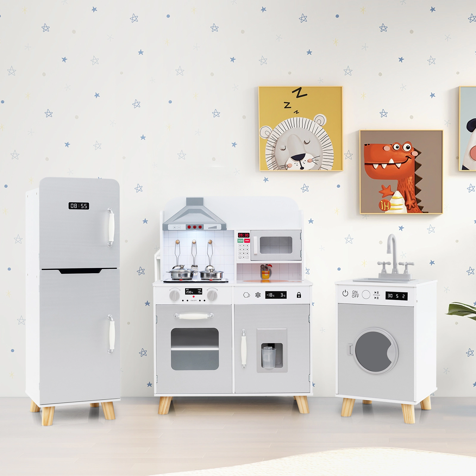 3-in-1 Kids Kitchen Playset Refrigerator Washing Machine 360-Degree Faucet Range Hood 47.5-in x 12-in x 35.5-in Gray
