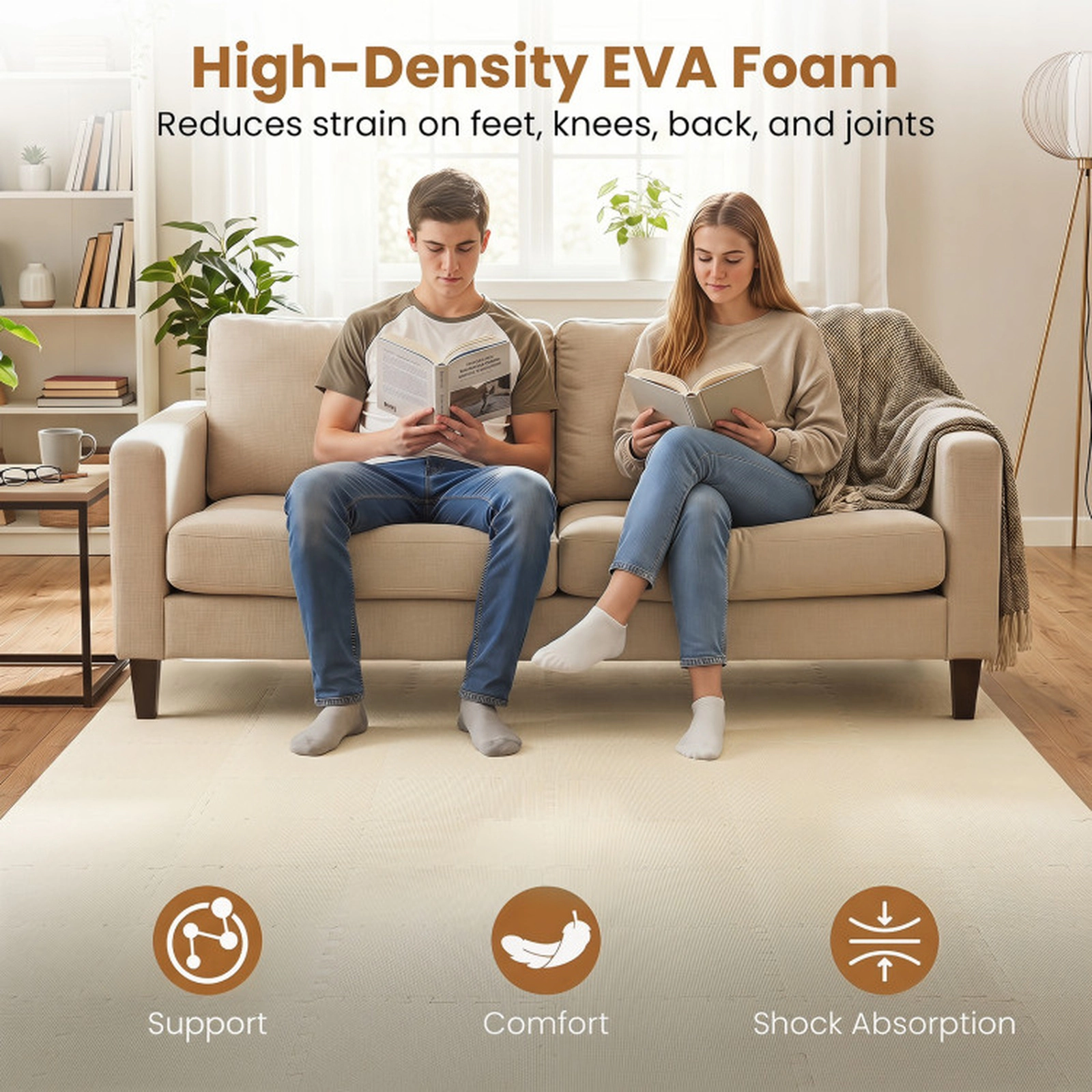 SUGIFT High-Density Interlocking Foam Floor Mats with Non-Slip Surface and Borders Beige