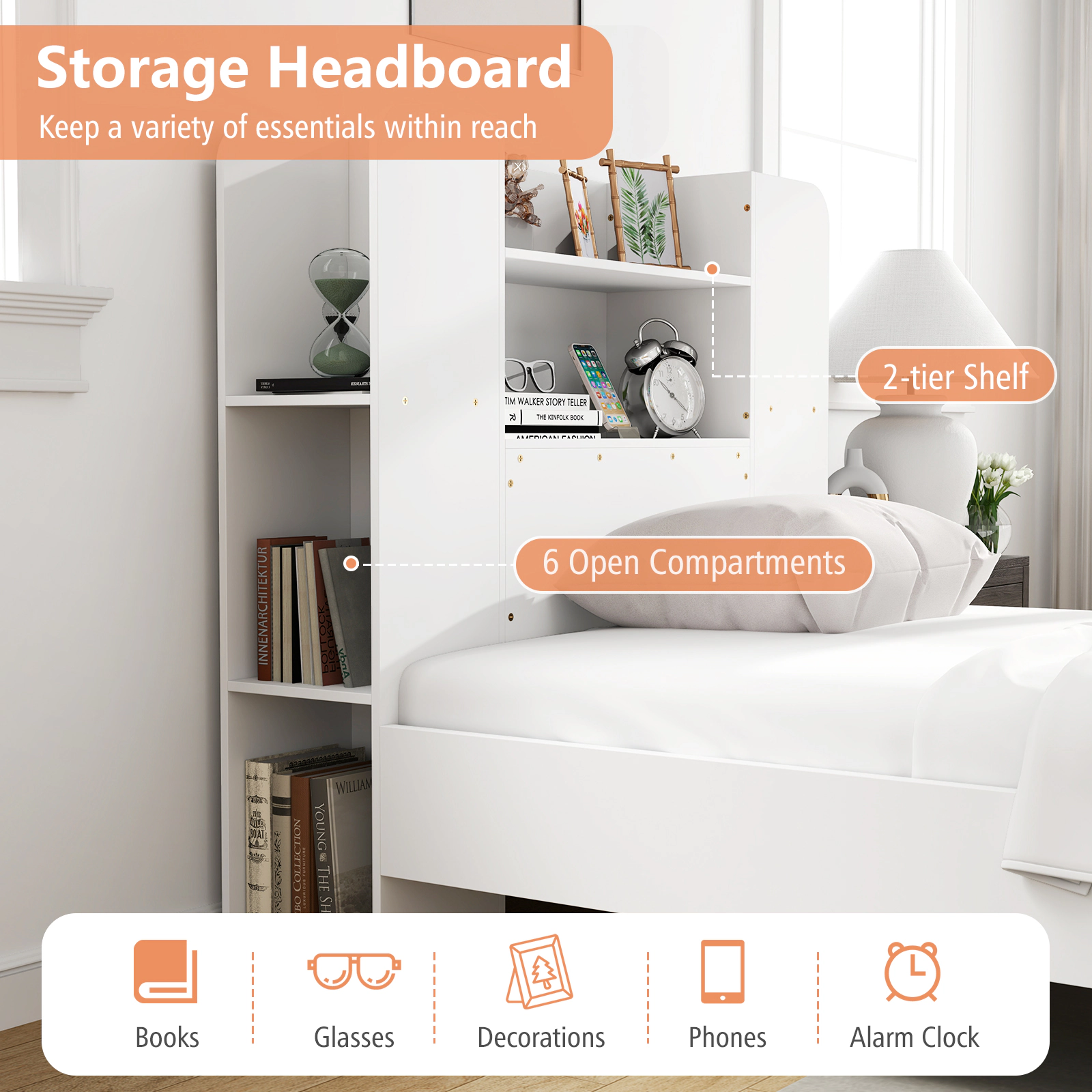 SUGIFT Twin Wood Platform Bed with Bookcase Headboard, 6 Storage Compartments, White
