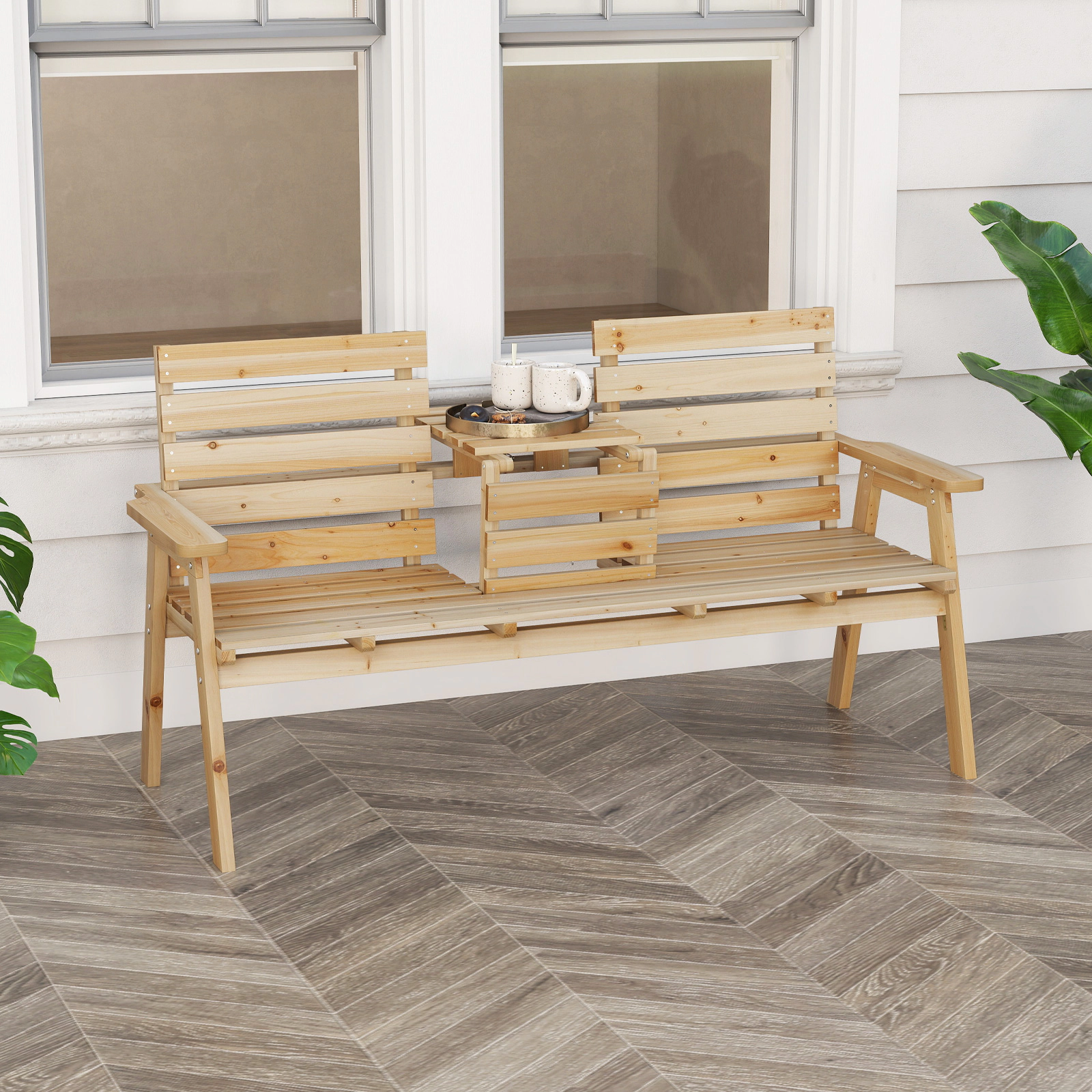 LJG Outdoor Fir Wood Bench with Foldable Middle Table