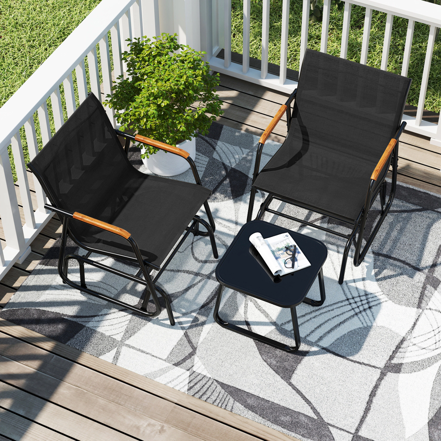 LJG 3-Piece Outdoor Glider Bistro Set with Tempered Glass Top and Metal Frame