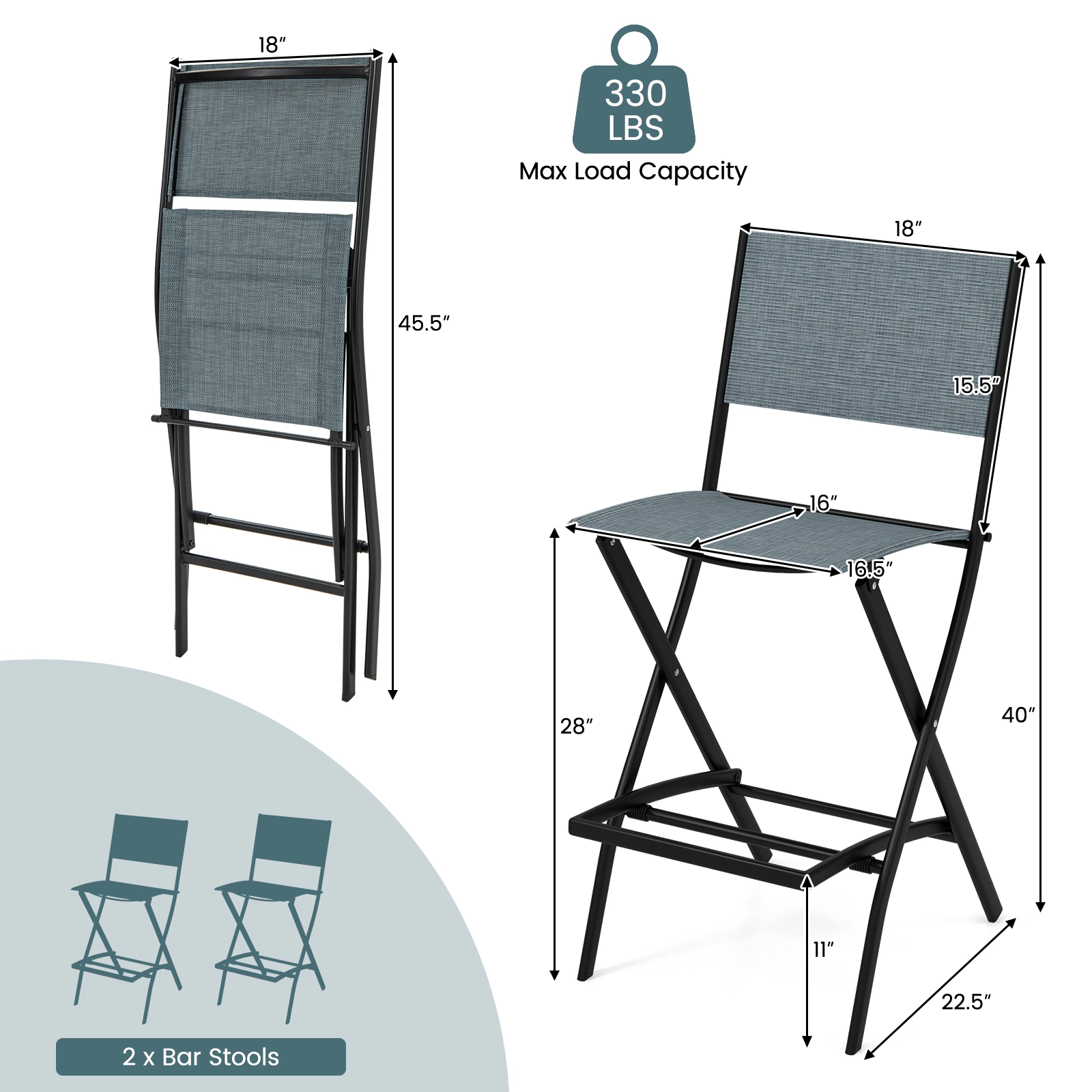 SUGIFT Folding Fabric Bar Stool Set of 2 with Backrest and Footrest for Home Bar Sets 330-lb Capacity 28-in Seat Height