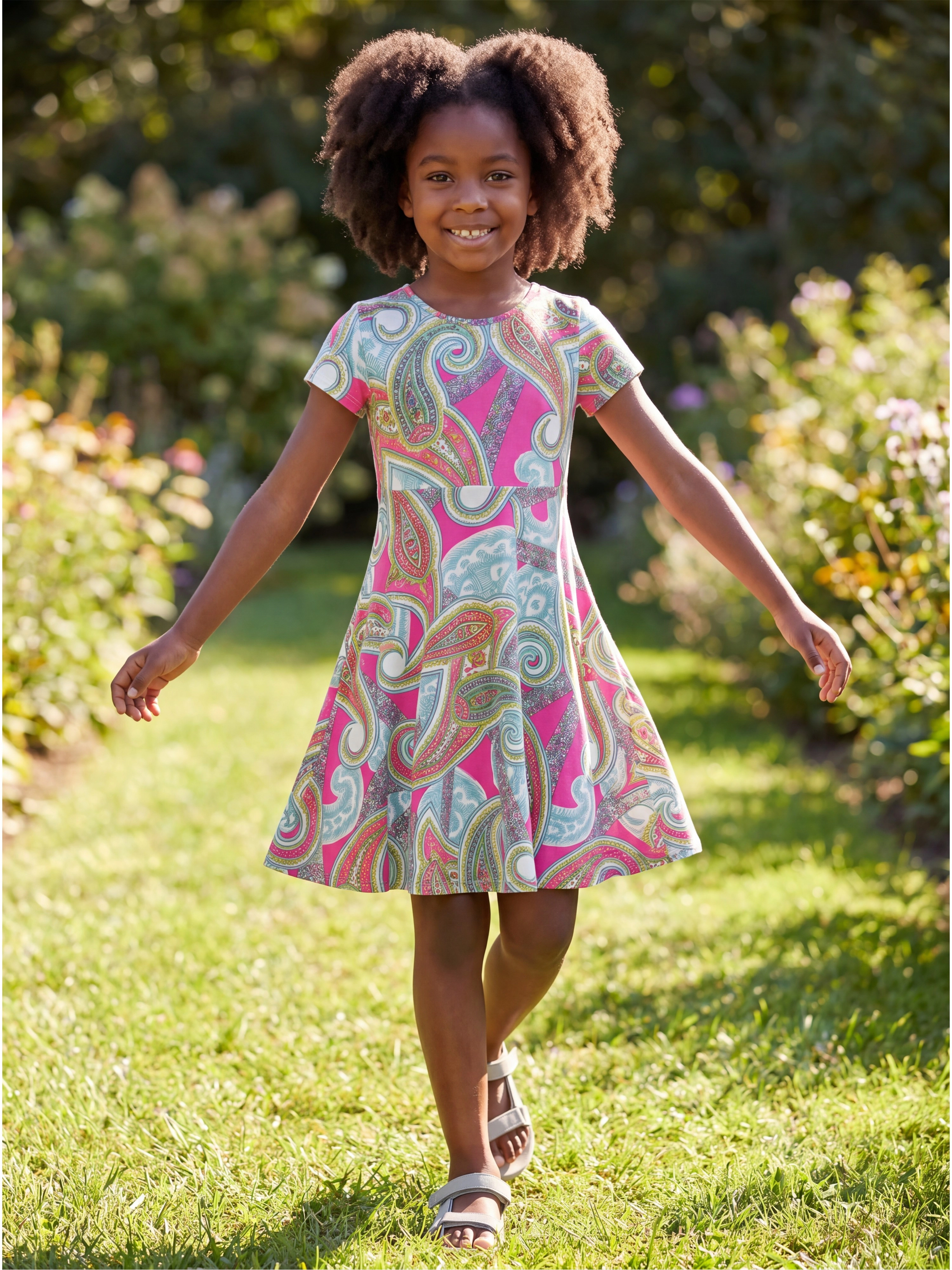 24sevenKid Girls Pink Paisley Print Short Sleeve Fit and Flare Dress