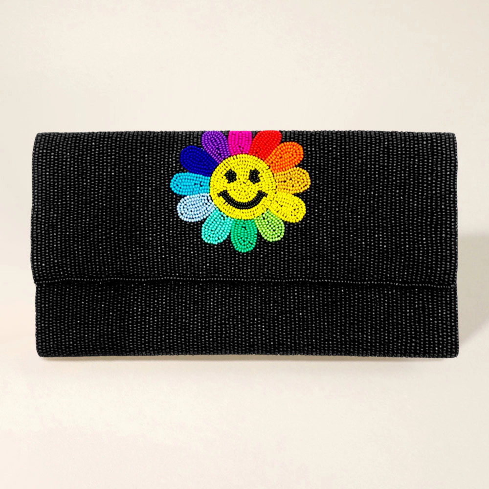 Fashnzfab Smile Flower Accented Seed Beaded Clutch / Crossbody Bag