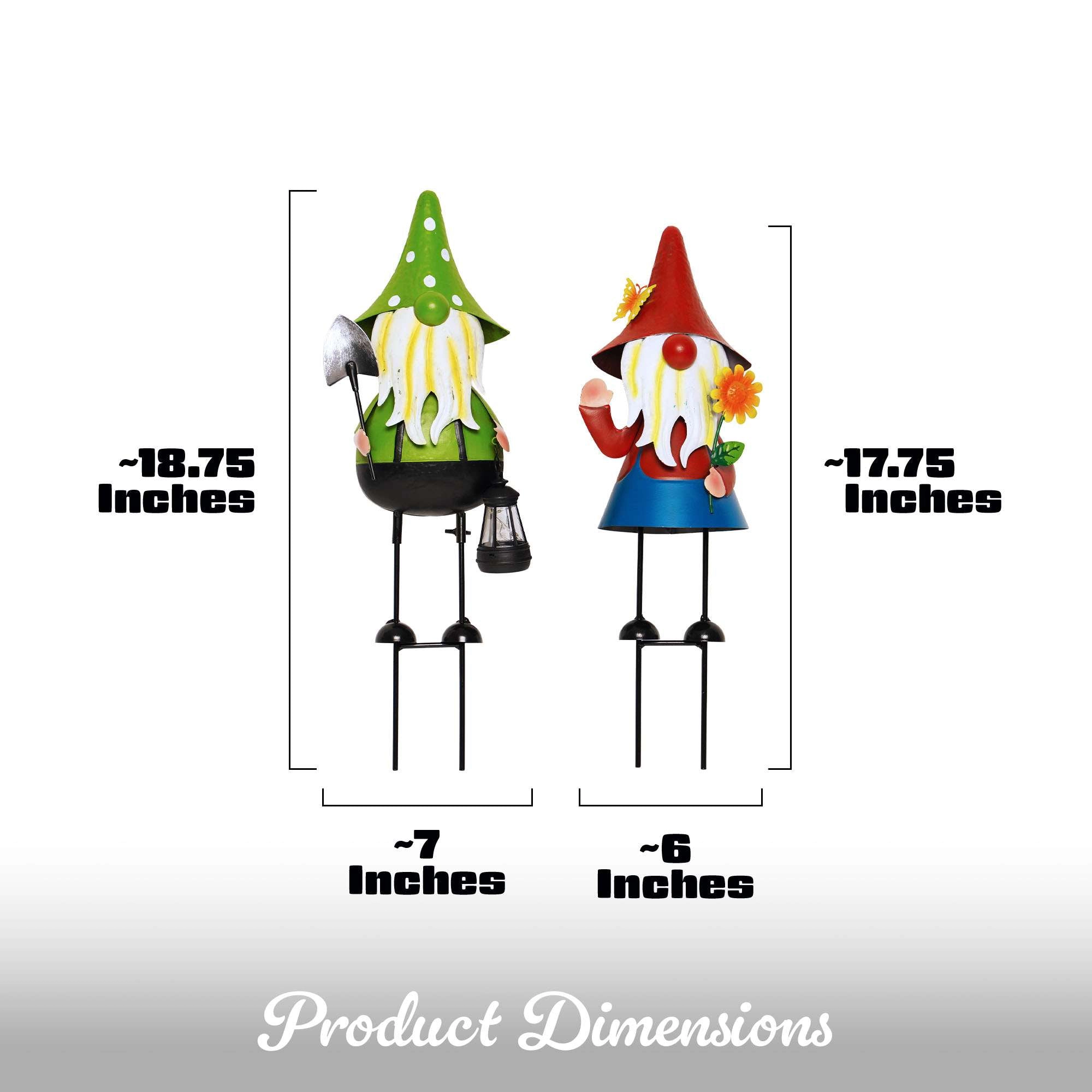 G128 Solar Gnome Garden Statues Set of 2 - 18.75in Metal Gnomes with Solar LED Lanterns for Garden, Lawn, Patio