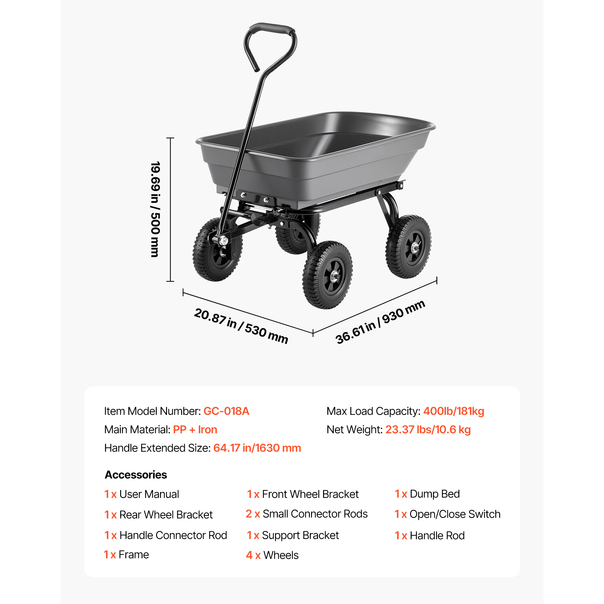 HONGGE Garden Dump Cart Poly Dump Cart Garden Carts Dumps Wagon with 90° Quick-Dumps Mechanism 180° Swivel Wheels 270°