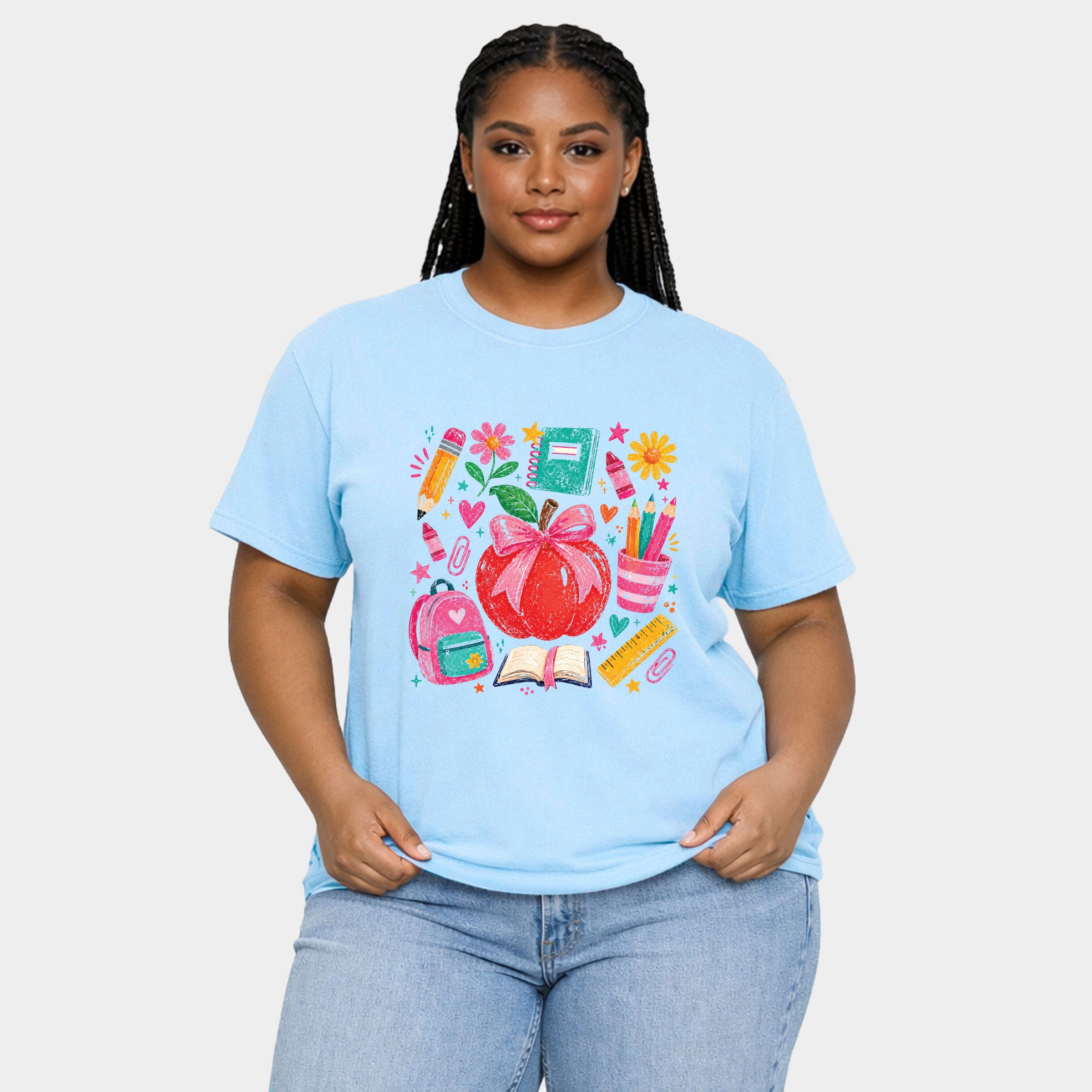 Simply Sage Market - Women's Plus Garment Dyed Tee Back to School Apple and Supplies