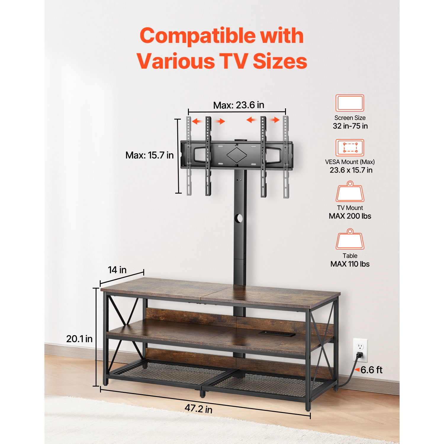 HONGGE TV Stand with Mount for up to 75 in TVs Entertainment Center with Power Outlet & LED Lights Height Adjustable TV
