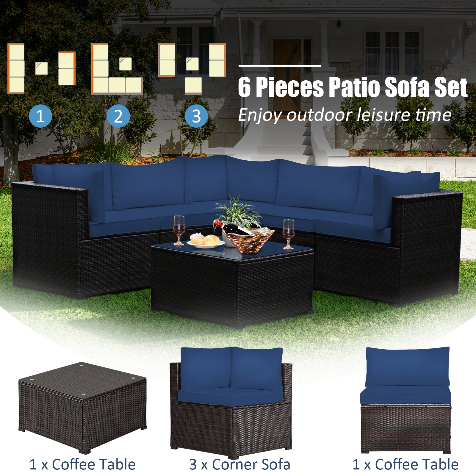 SUGIFT 6-Piece Navy Patio Rattan Sectional Set with Glass Table 27.5-in W 27.5-in D 27.5-in H 360-lb Sofa Capacity