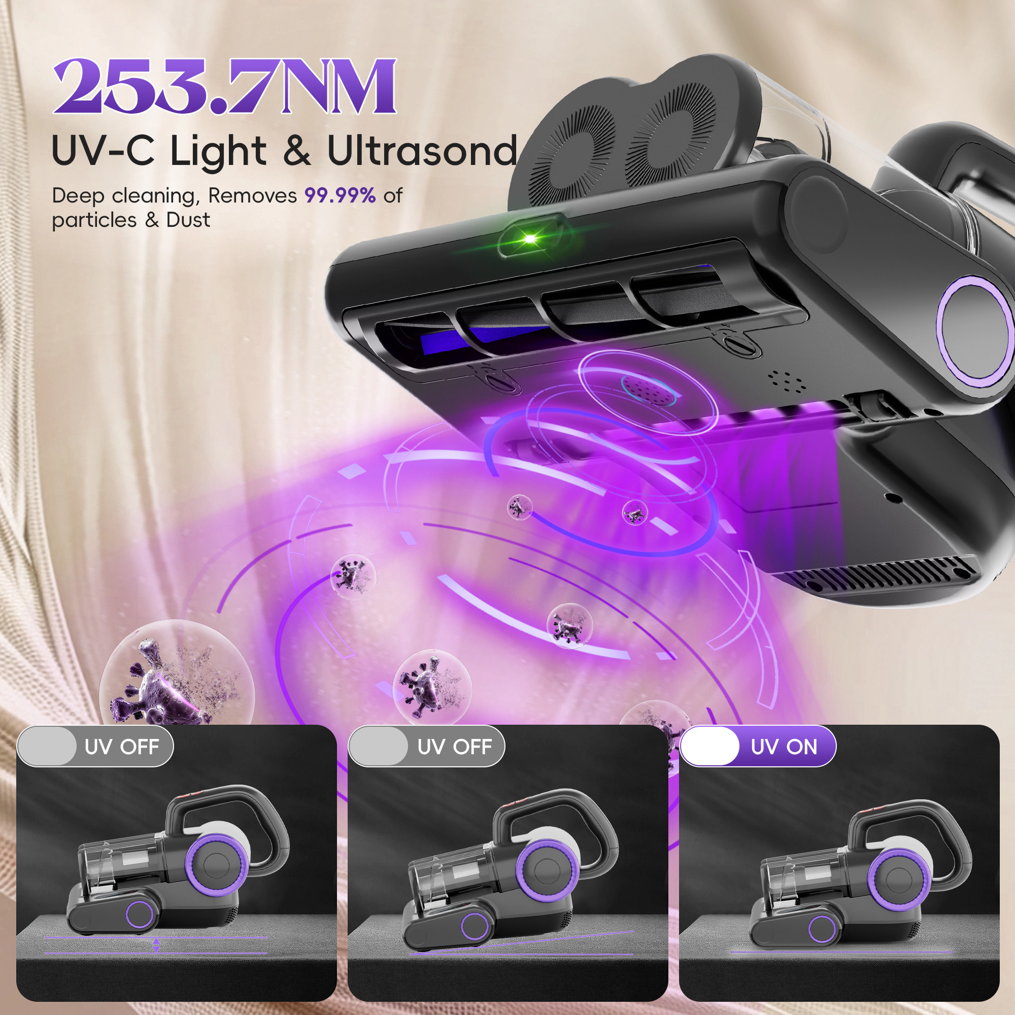 WHALL - 4-in-1 UV Mattress Vacuum Cleaner, 21KPa Anti-Mite Bed Vacuum with Hot Air & LED Display
