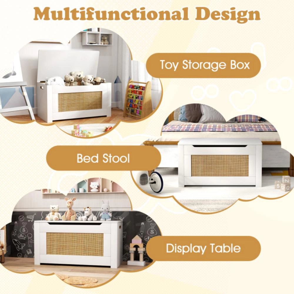 Hivvago Kids Rattan Toy Storage Box with Flip Top Lid and Safety Hinge Handles-White