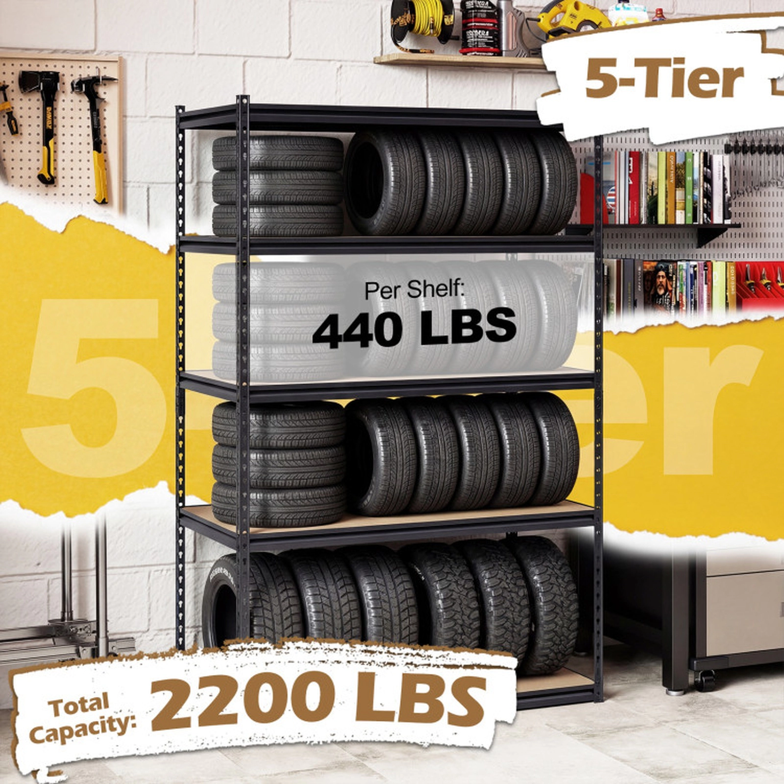 SUGIFT Set of 2 5-Tier 2200-lb Capacity Adjustable Heavy Duty Metal Storage Shelves Shelving Unit