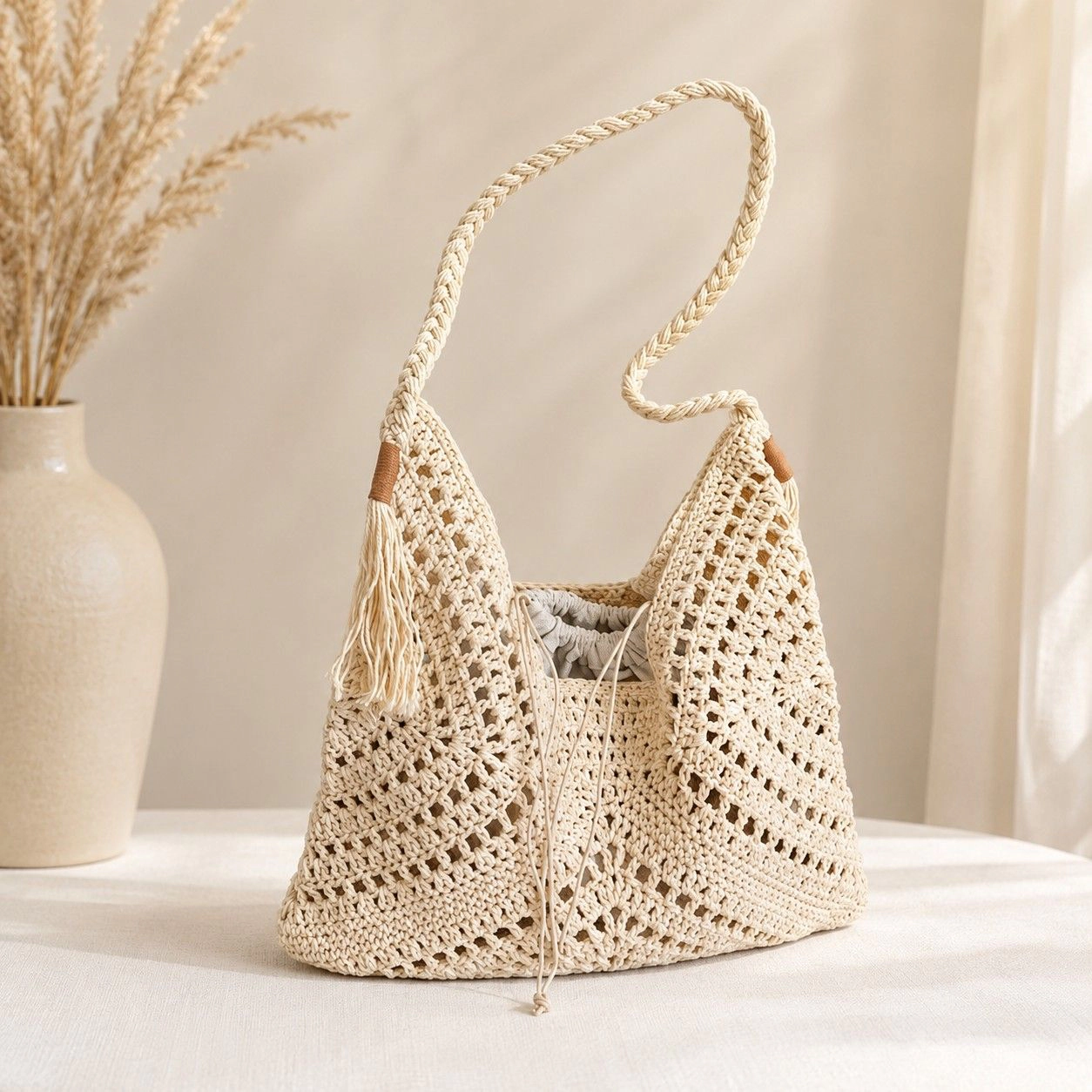 Alilang Women's Woven Crochet Hobo Shoulder Bag with Tassel Detail Soft Knit Slouchy Tote Drawstring Style, Beige