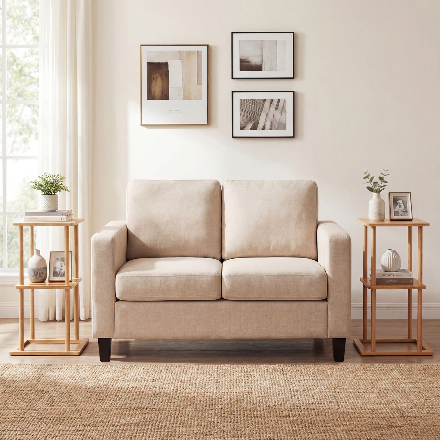 LJG 2 Pieces Side Table with Storage Shelves and Bamboo Construction