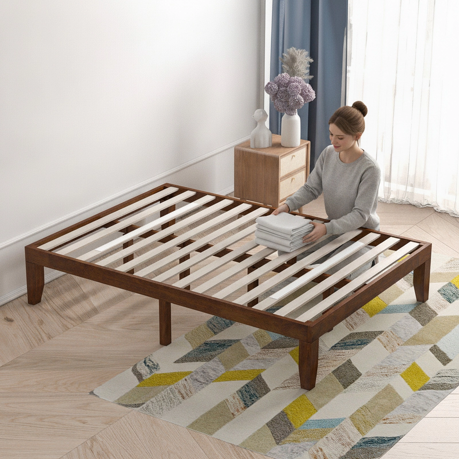 14-in Full Size Solid Wood Platform Bed Frame with 14 Poplar Slats 10 Support Legs Coffee