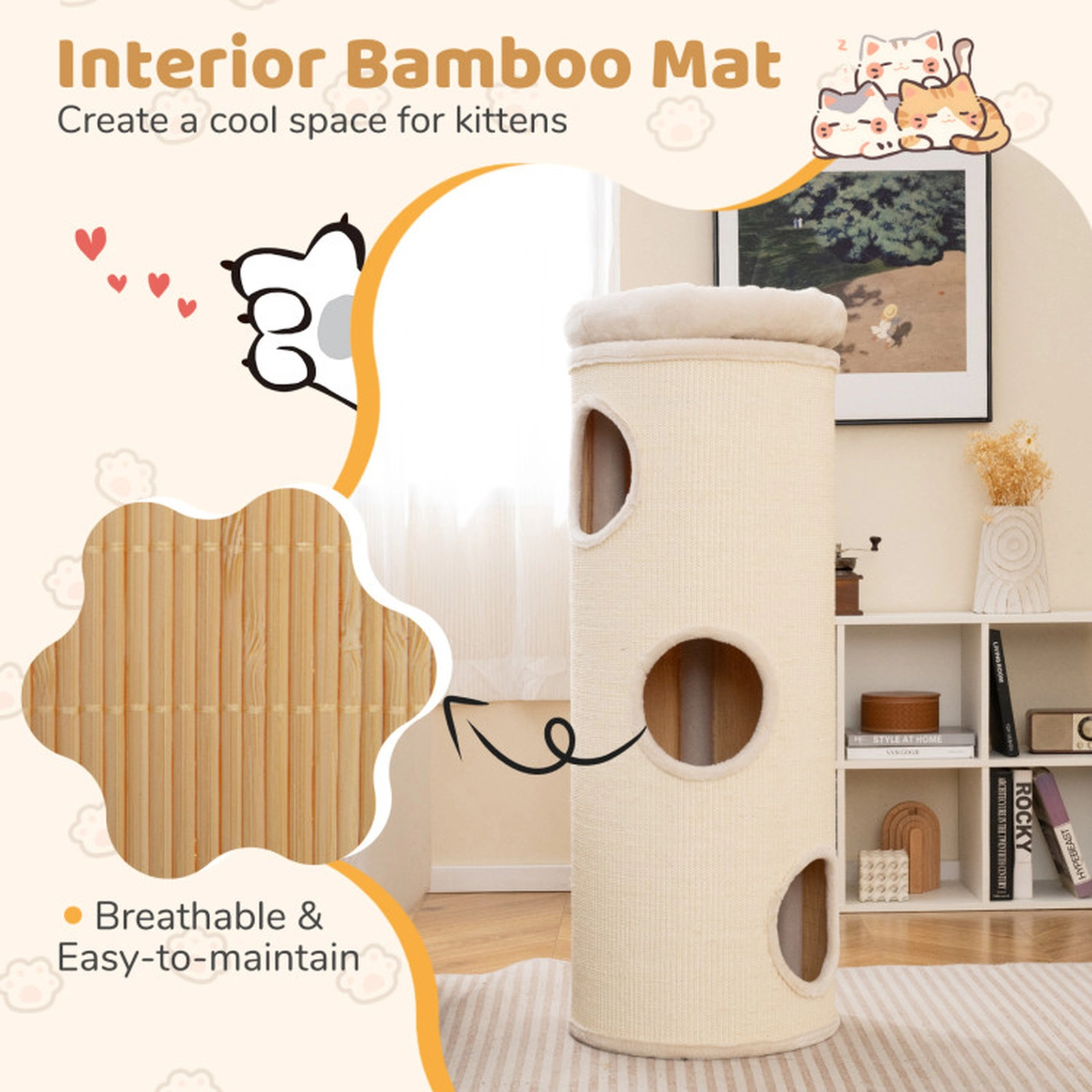 SUGIFT 49-in 4-Story Elevated Cat House Cave Tower with Bamboo Mats Sisal Board and Washable Top Perch