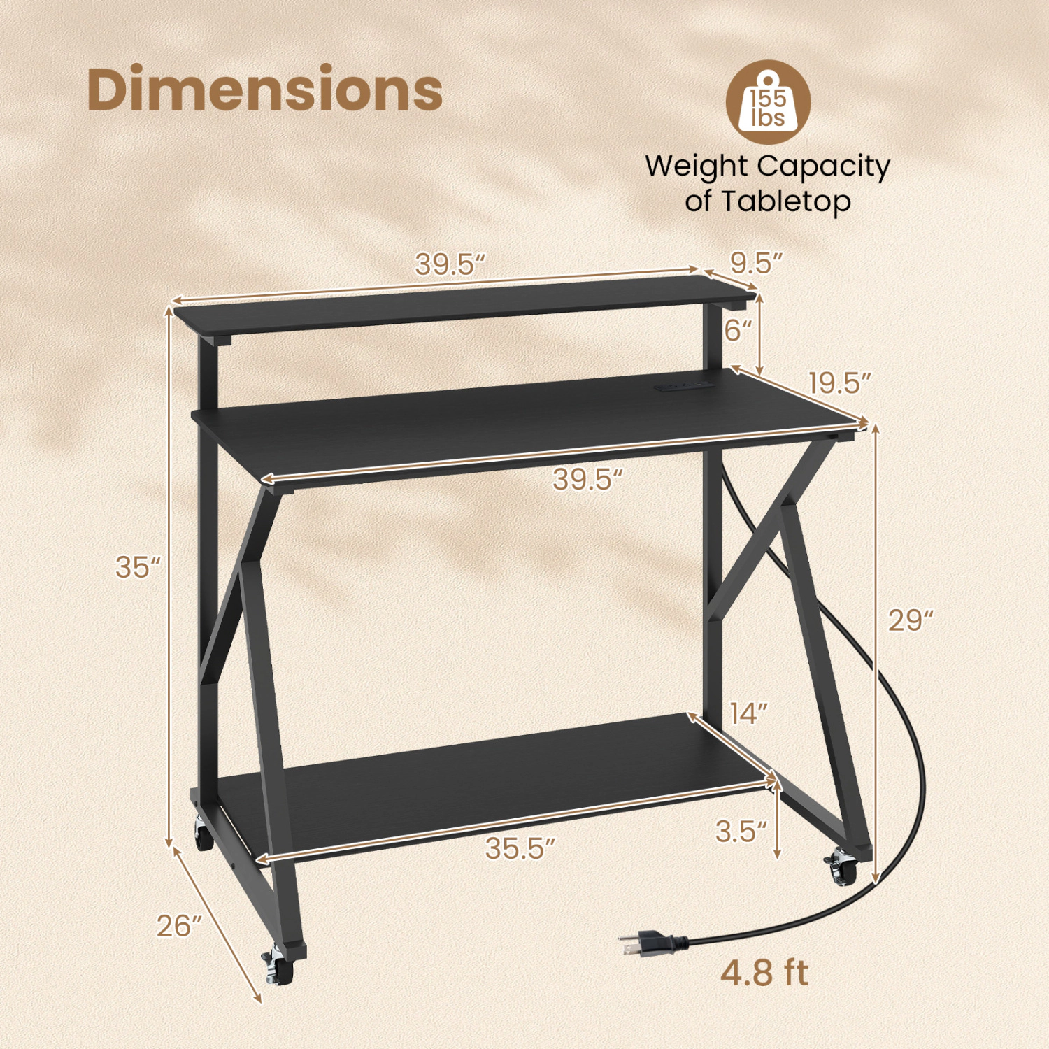 LJG Rolling Computer Desk with Charging Station and Monitor Shelf Storage for Home Office