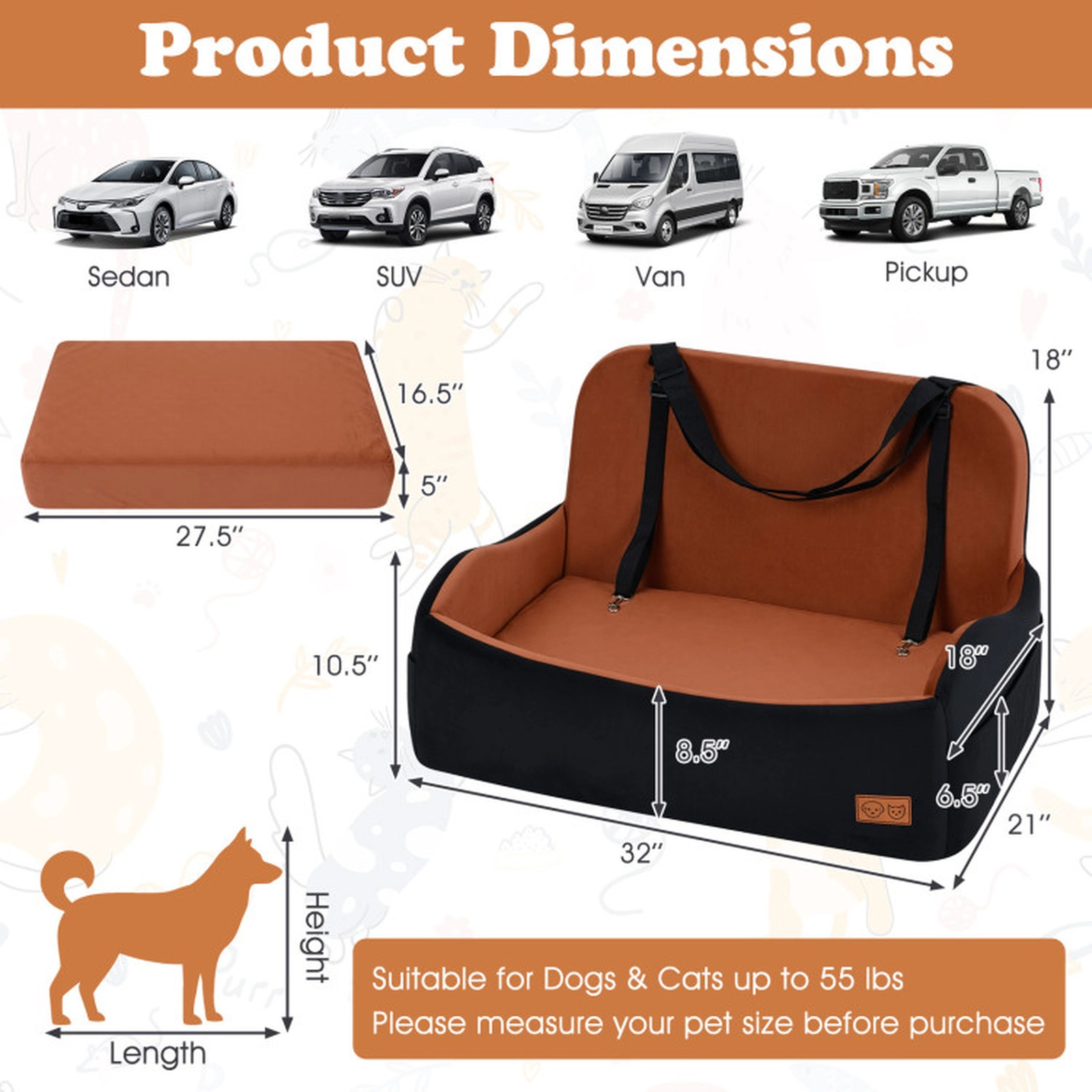 SUGIFT 32 x 21-in 55-lb Capacity Brown Elevated Foam Dog Booster Car Seat with 2 Safety Leashes and Side Pockets