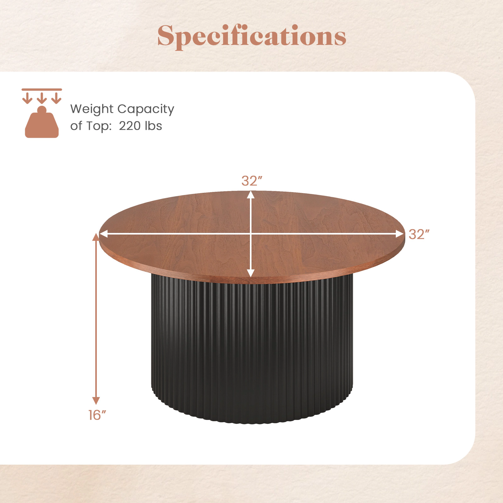 Glintex 32-Inch Round Coffee Table with Wave-Shaped Solid Wood Support, Natural + Black