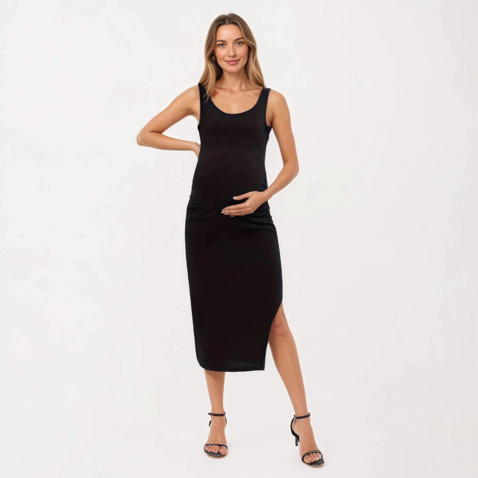 Anna-Kaci Women's Maternity Soft Stretch Knit Fabric Flattering Side Ruching Body Hugging Fit Tank Midi Dress