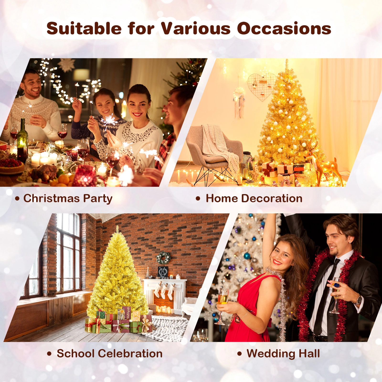 SUGIFT 6 ft Champagne Gold Tinsel Christmas Tree Hinged Artificial Tree with Foldable Stand