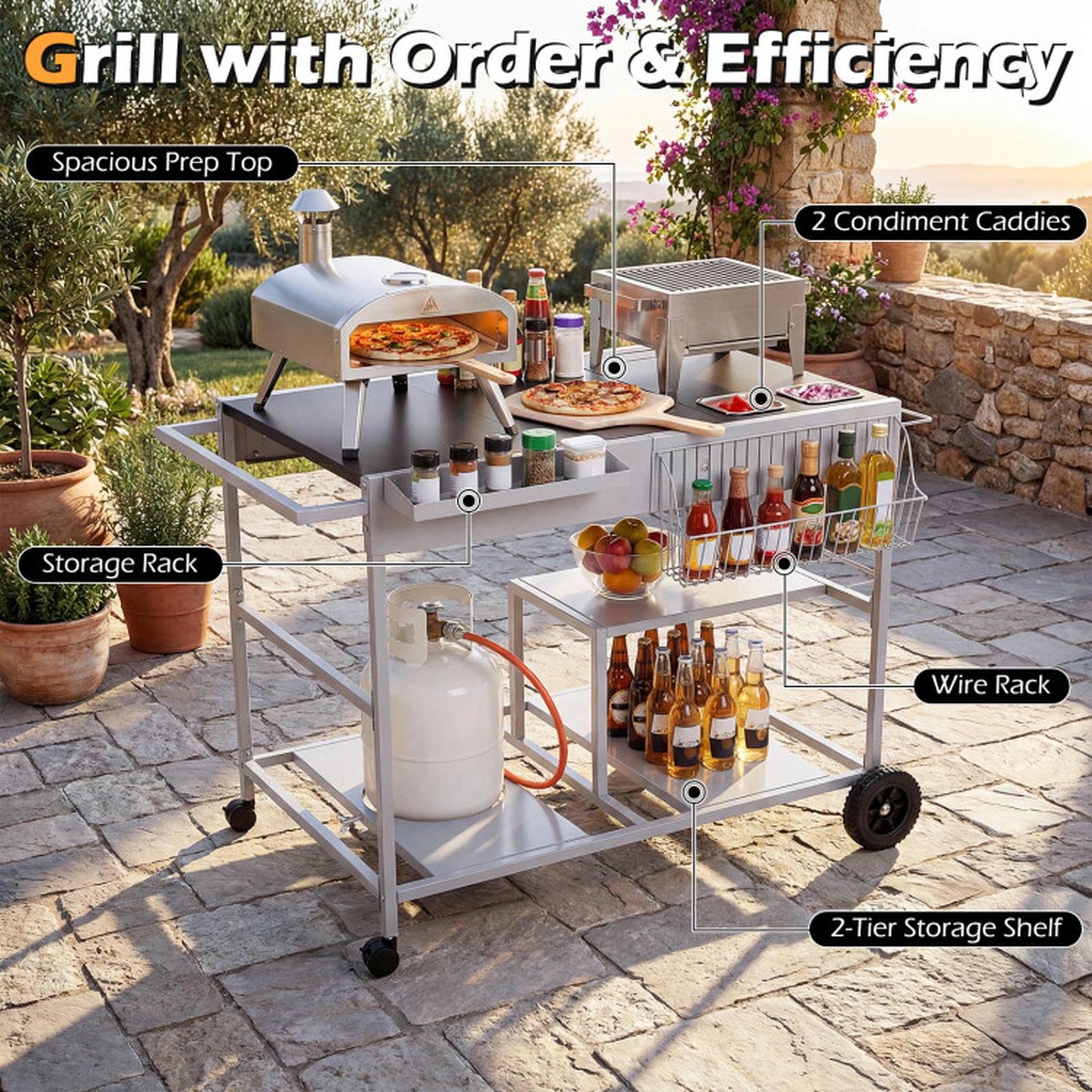 SUGIFT Black Rolling Grill Cart Table with 2 Condiment Caddies 42-in W 24.5-in D 31.5-in H 110-lb Tabletop Capacity
