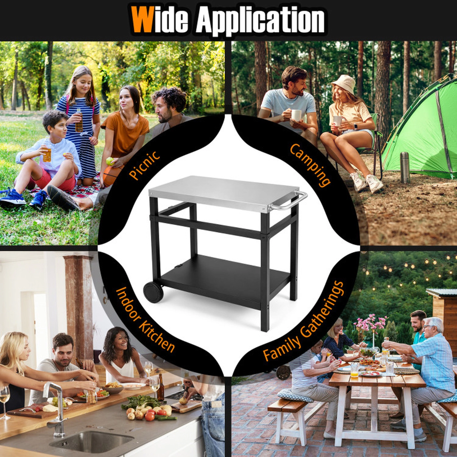 SUGIFT Black Double Shelf Grill Cart Table with Stainless Steel Top 35.5-in W 23.5-in D 200-lb Tabletop Capacity