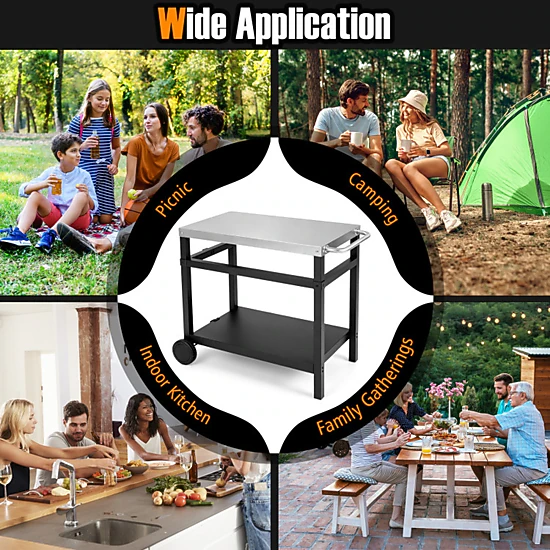 SUGIFT Black Double Shelf Grill Cart Table with Stainless Steel Top 35.5-in W 23.5-in D 200-lb Tabletop Capacity