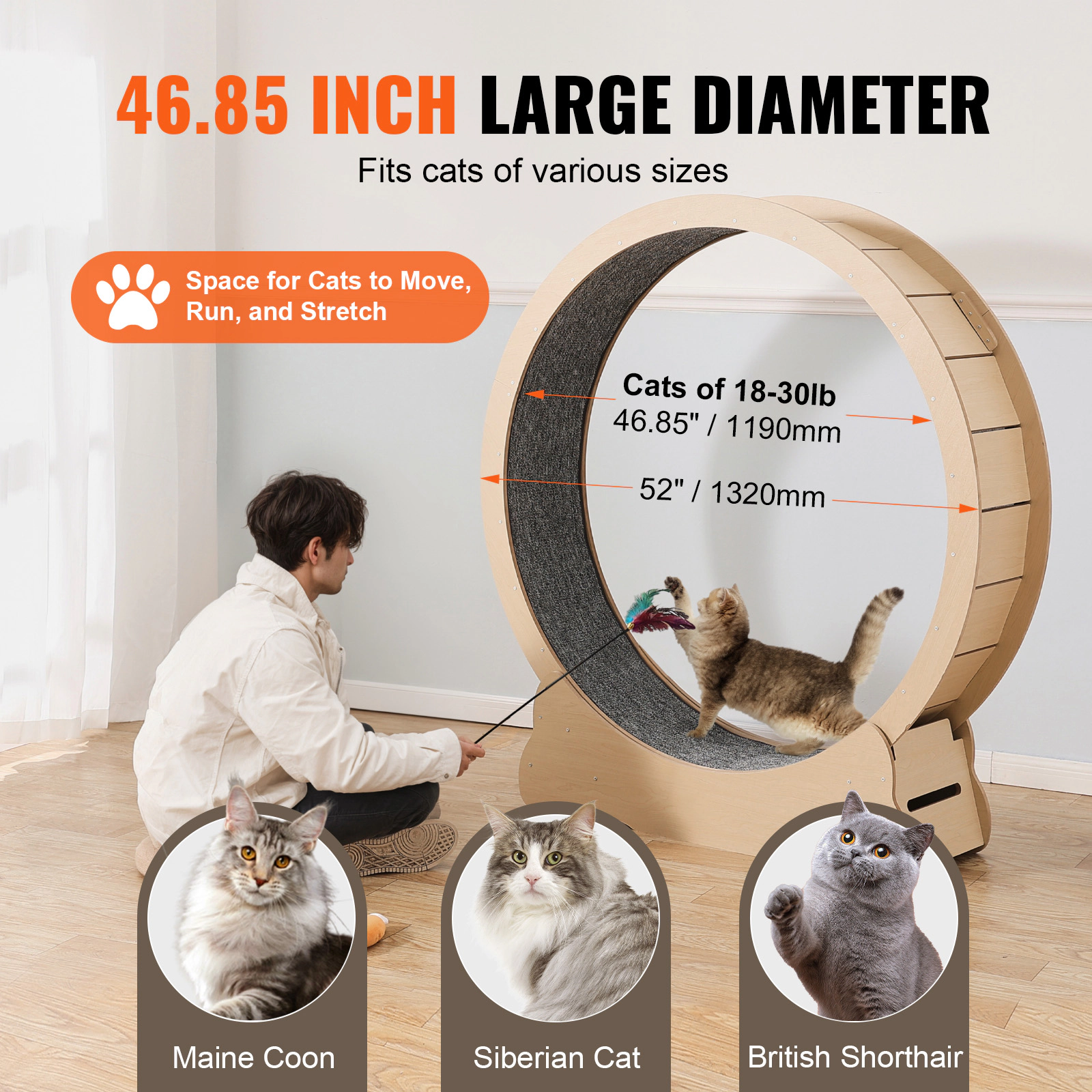 HONGGE Wooden Cat Exercise Wheel Large Cat Treadmill Wheel for Indoor Cats Cat Running Wheel with Detachable Carpet &