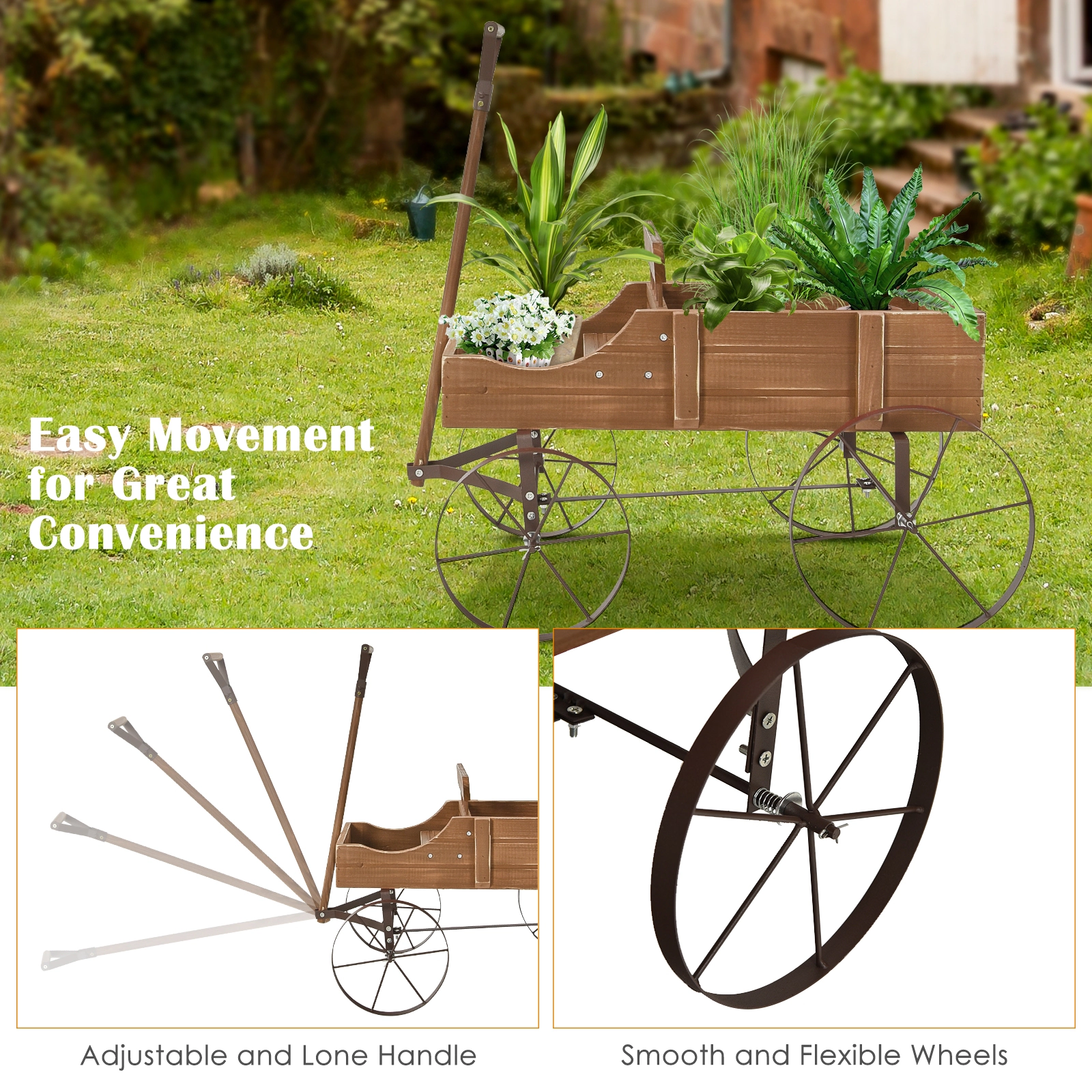 SUGIFT 24.5-in 33-lb Capacity Fir Wood Wagon Garden Planter with 4 Metal Wheels and Pull Handle