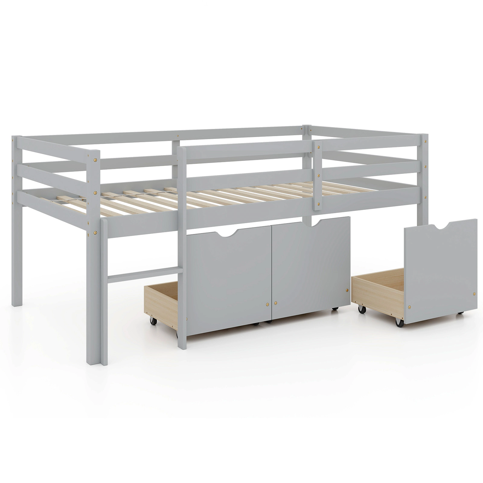 SUGIFT Gray 3 Drawers Ladder and Full-Length Guardrails Twin Kids Low Loft Bed