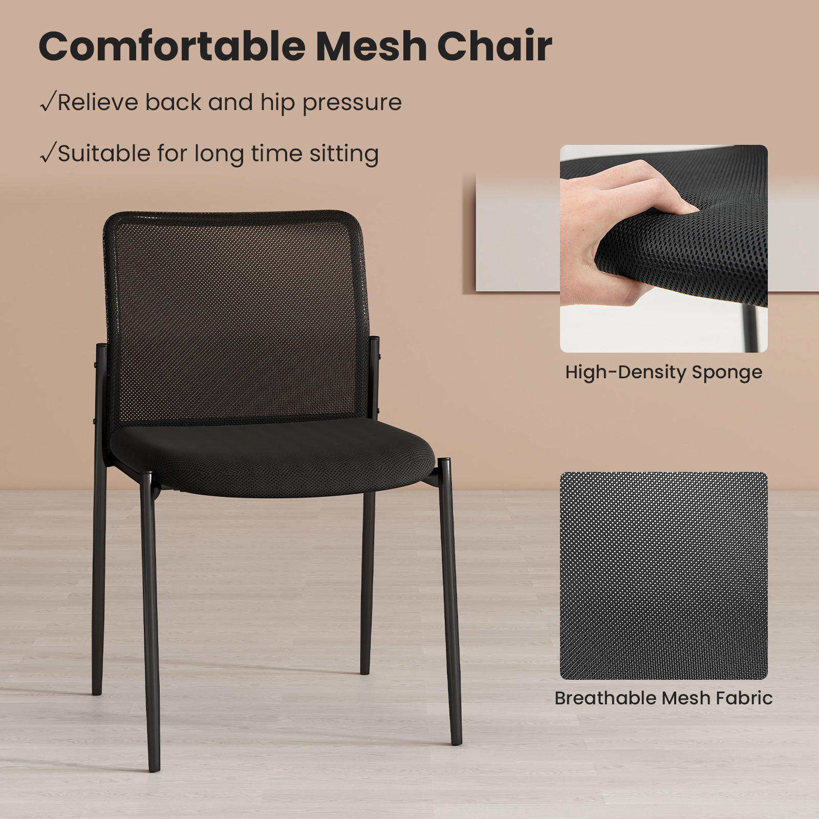 SUGIFT Set of 2 330-lb Capacity Black Stackable Guest Chairs with 2-Tier Mesh Backrest and Padded Seat