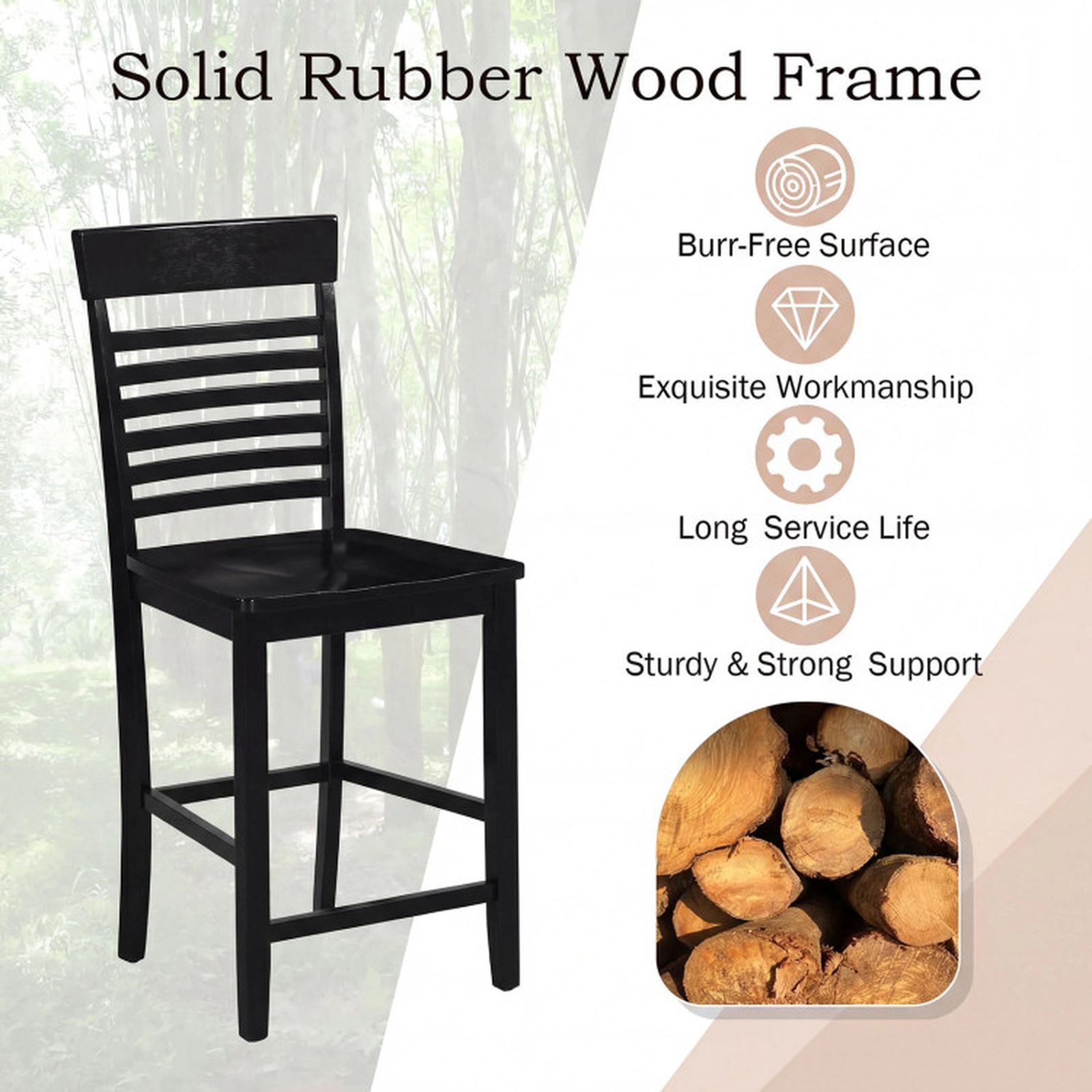 SUGIFT Counter-Height Dining Chair Set of 2 with Footrests and Solid Wood Frame 310-lb Capacity Gray/Black