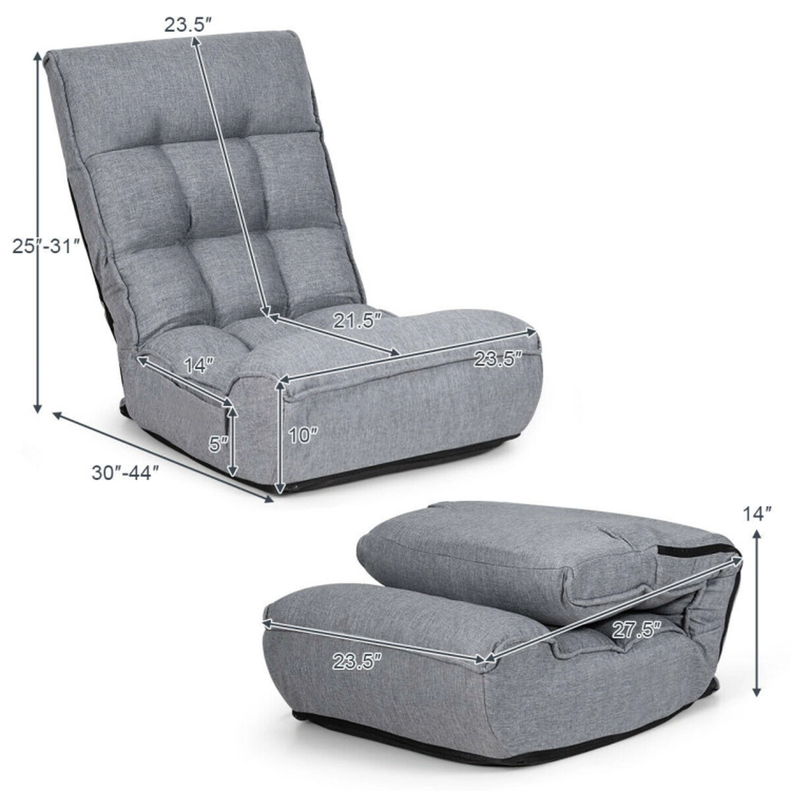 SUGIFT 4-Position Adjustable 286-lb Capacity Gray Steel Frame Folding Floor Chair and Lazy Sofa