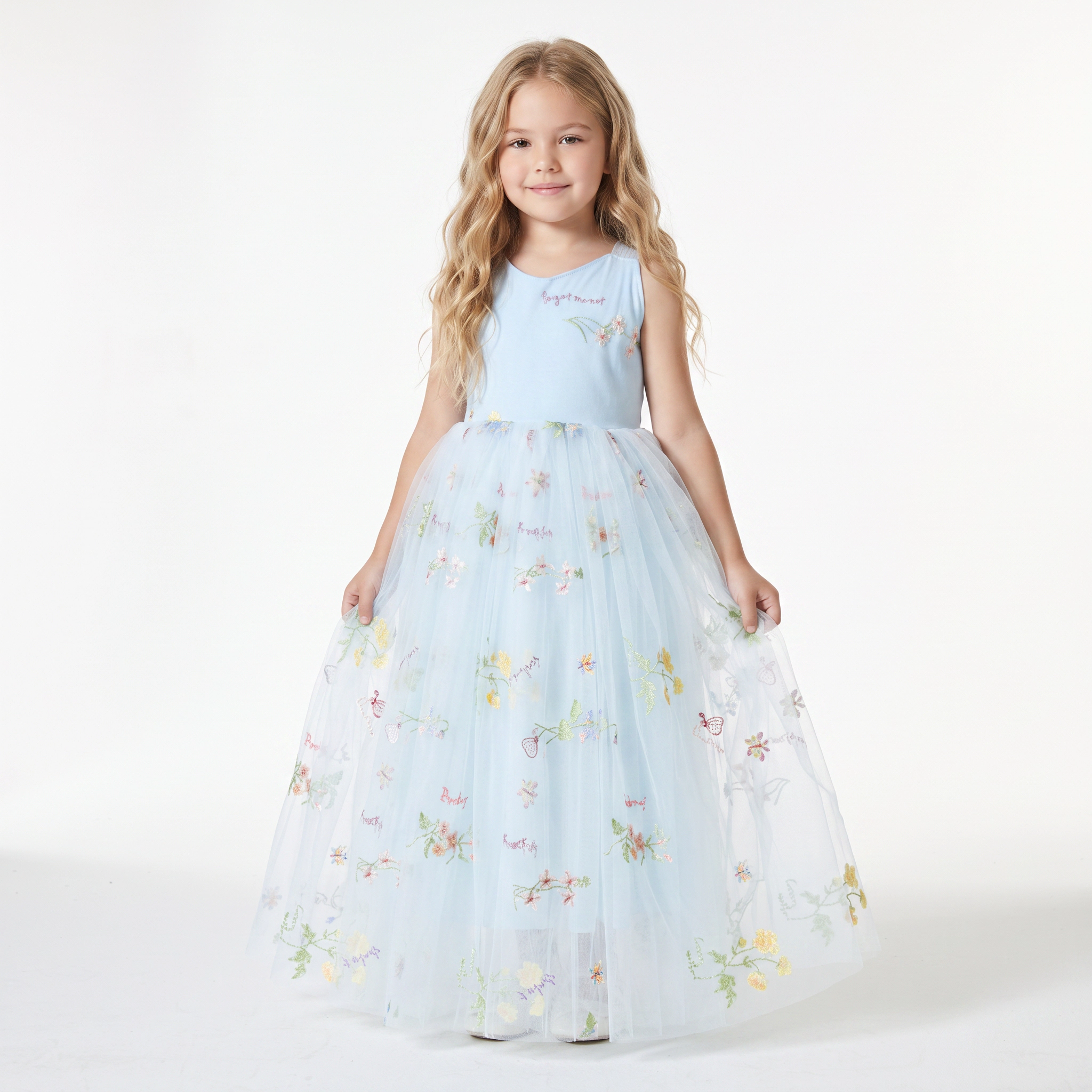 2Bunnies Girls' 12M-10Y Floral Garden Embroidered Tulle Strap Flower Girl Dress Maxi