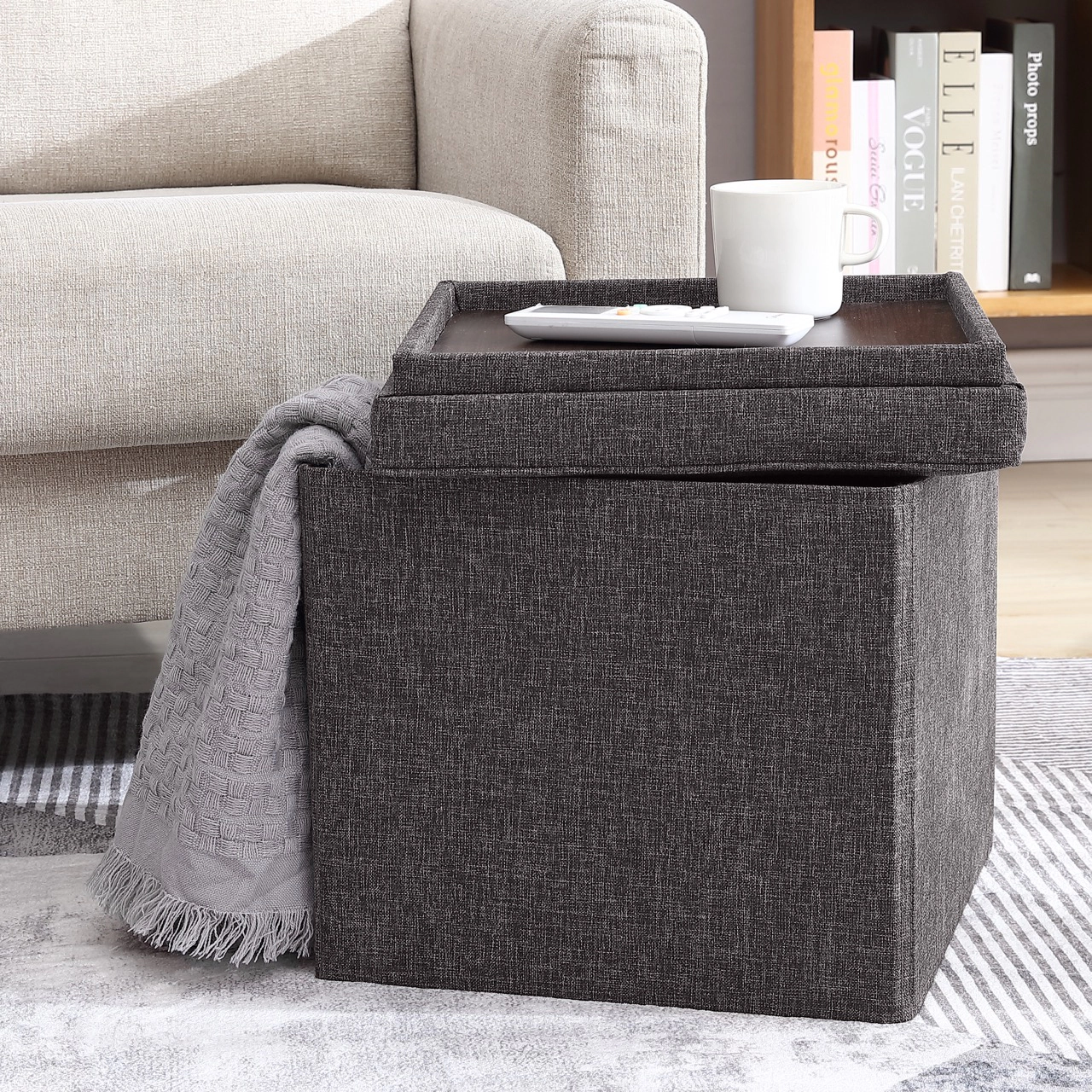 Ornavo Home Collapsible Tufted Linen Square Coffee Table Storage Ottoman