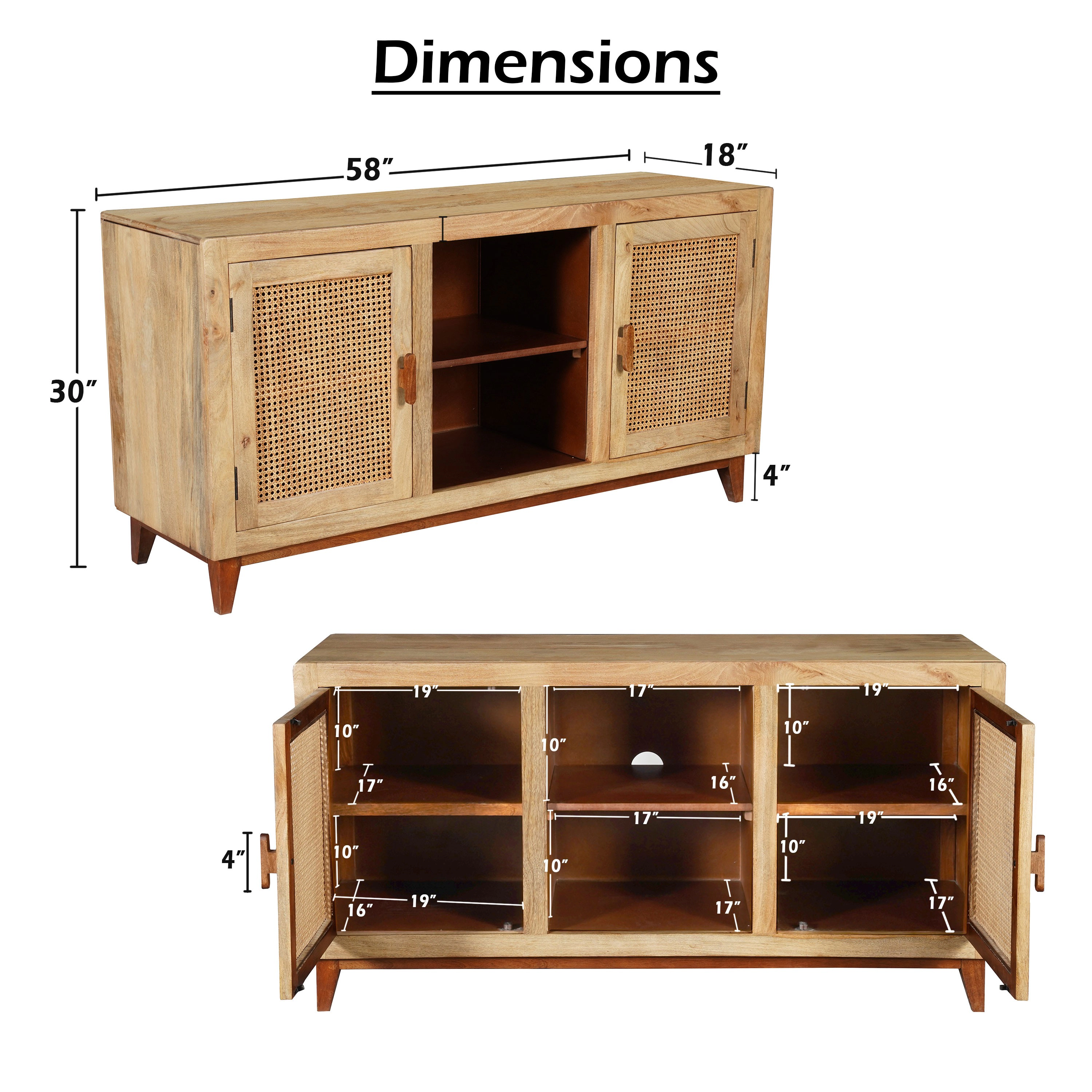 The Urban Port Aru 58 Inch 2 Cane Doors Open Shelves 2 Tone Antique Brown Mango Wood Sideboard Buffet Cabinet